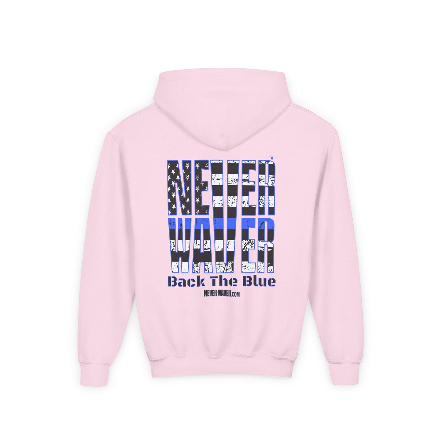 Never Waver Back The Blue  Vintage-Inspired Youth Hoodie with American Flag Design - Never Waver