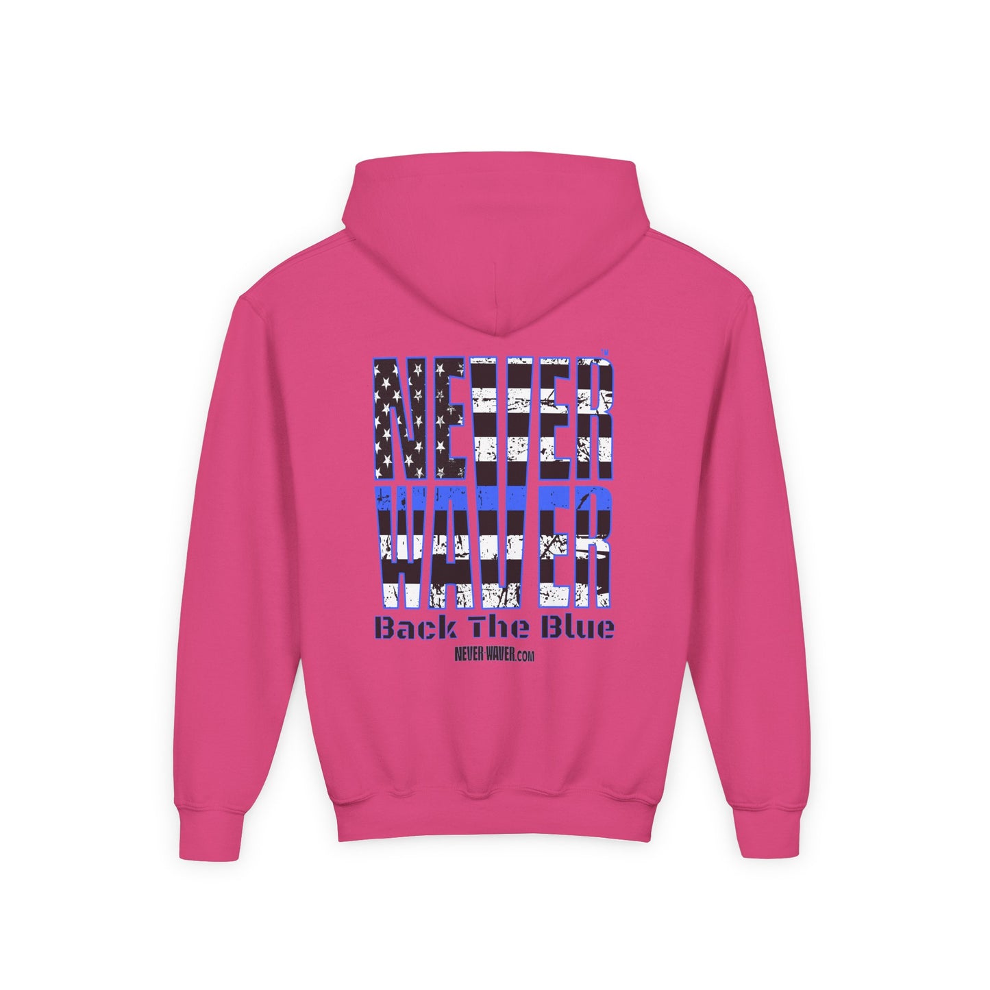 Never Waver Back The Blue  Vintage-Inspired Youth Hoodie with American Flag Design - Never Waver