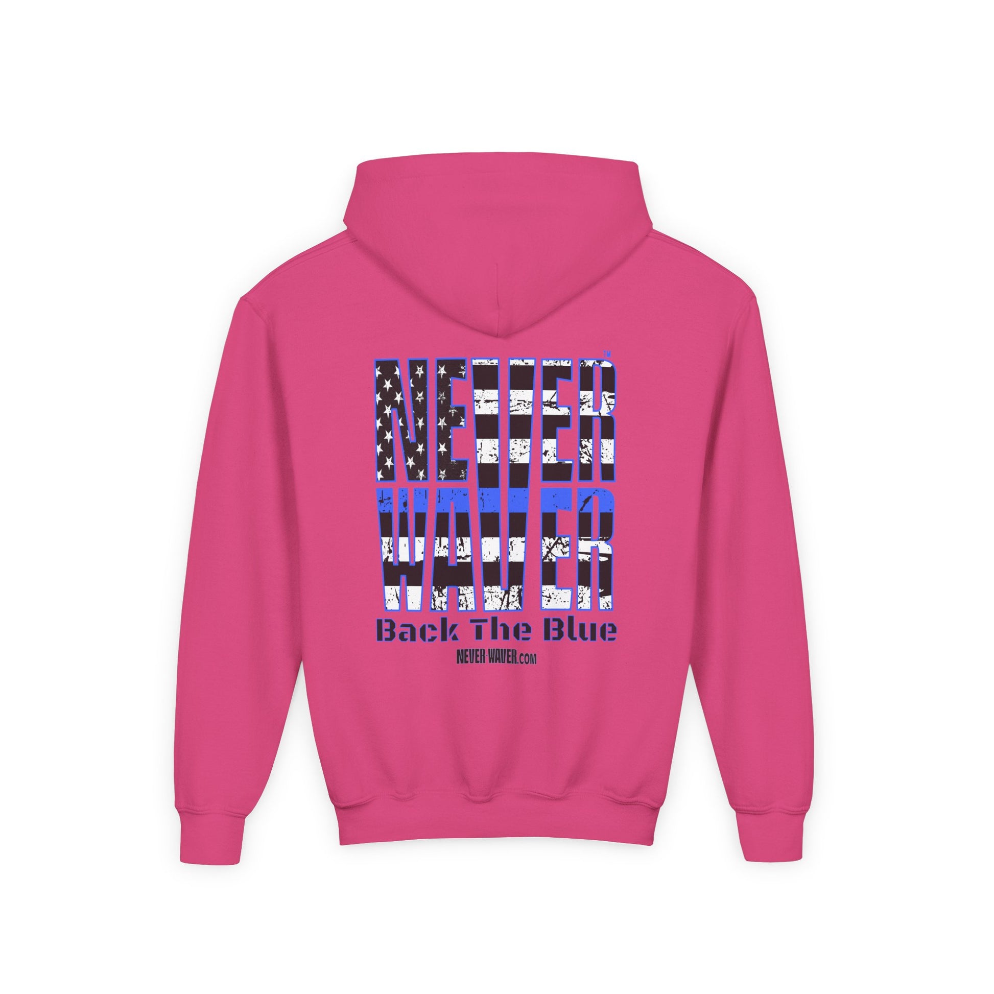 Never Waver Back The Blue  Vintage-Inspired Youth Hoodie with American Flag Design - Never Waver
