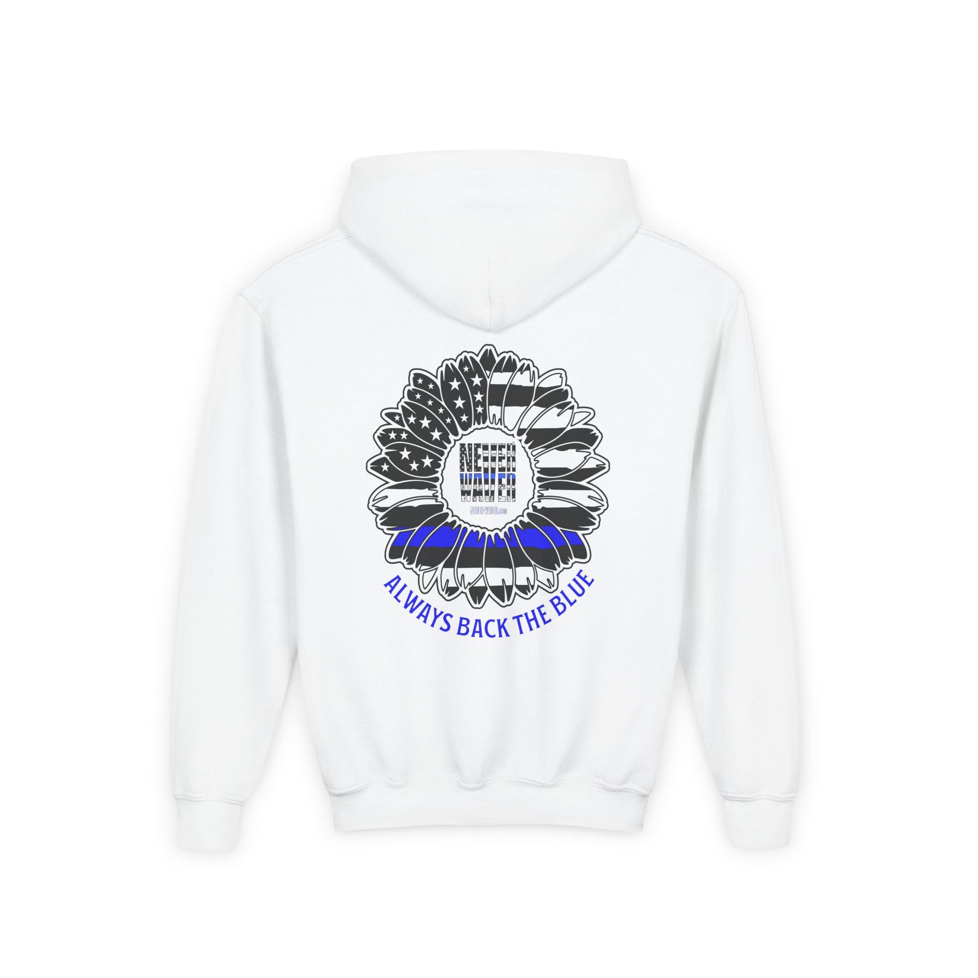 True Americans Never Waver They Always Back The Blue  Vintage-Inspired Youth Hoodie with American Flag Design - Never Waver