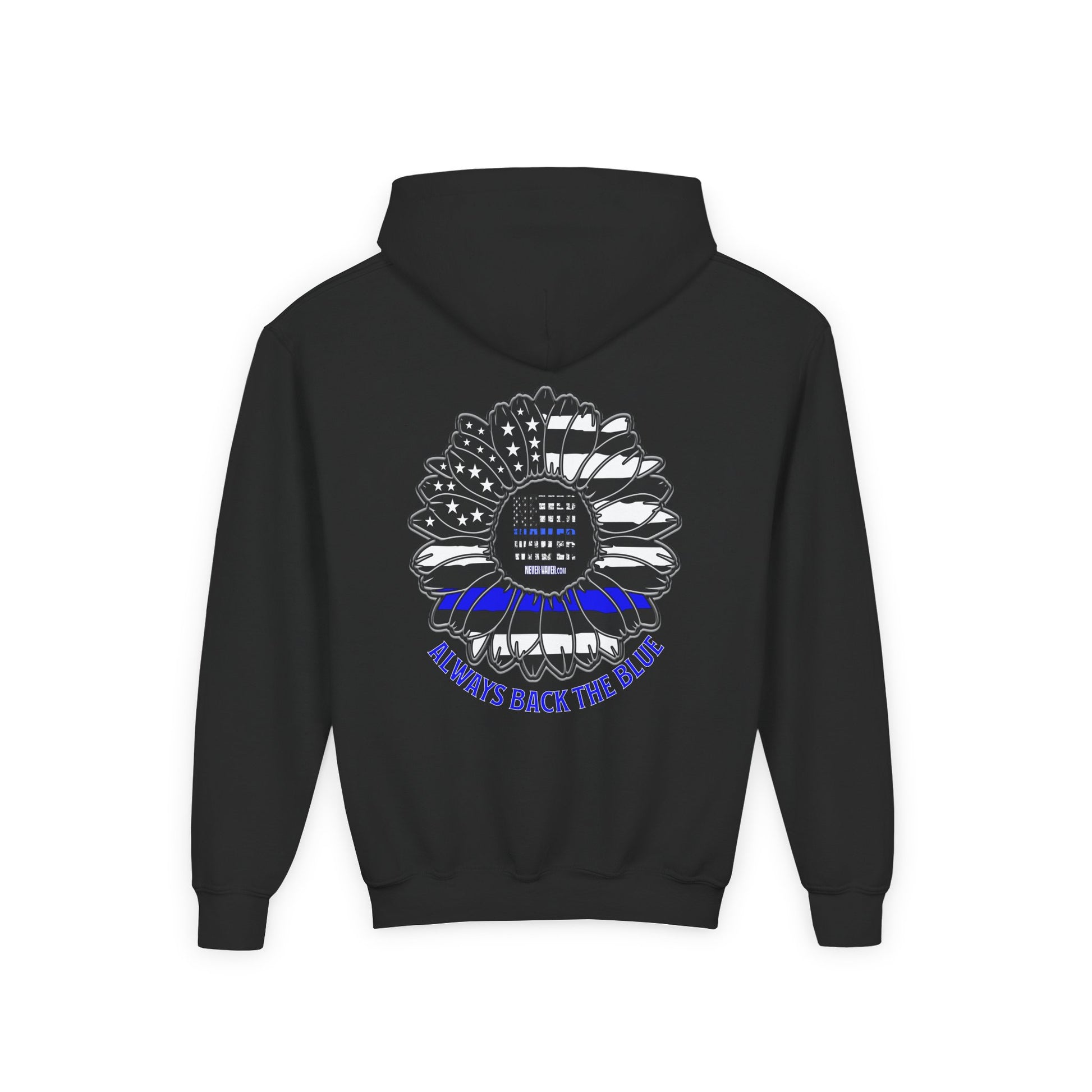 True Americans Never Waver They Always Back The Blue  Vintage-Inspired Youth Hoodie with American Flag Design - Never Waver