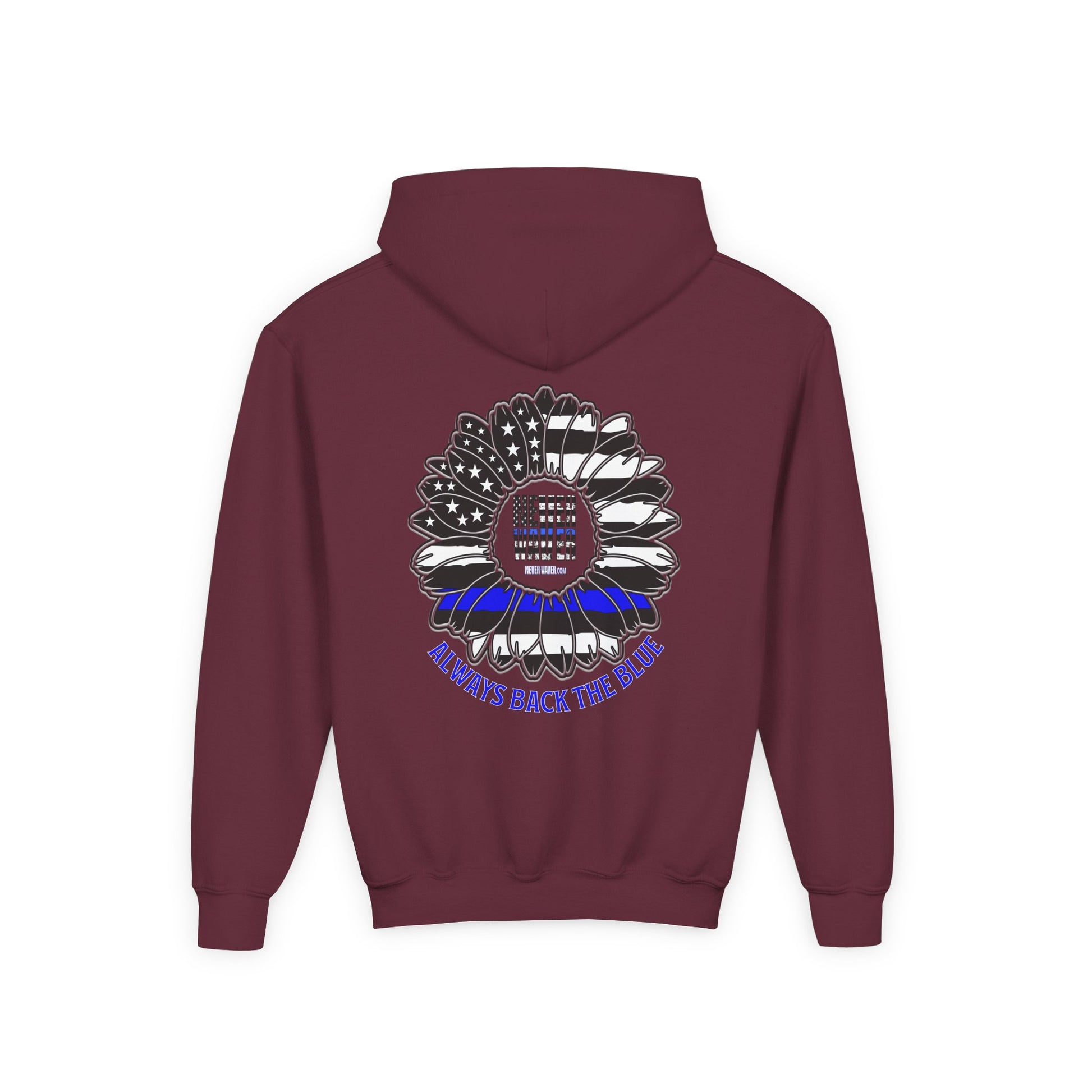 True Americans Never Waver They Always Back The Blue  Vintage-Inspired Youth Hoodie with American Flag Design - Never Waver