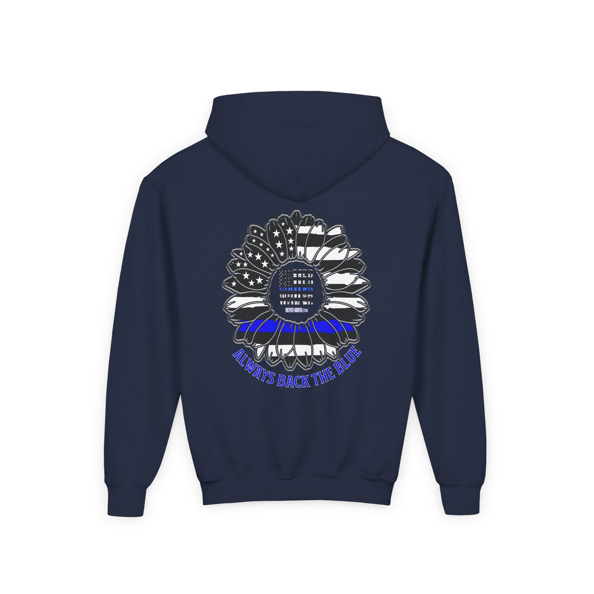 True Americans Never Waver They Always Back The Blue  Vintage-Inspired Youth Hoodie with American Flag Design - Never Waver