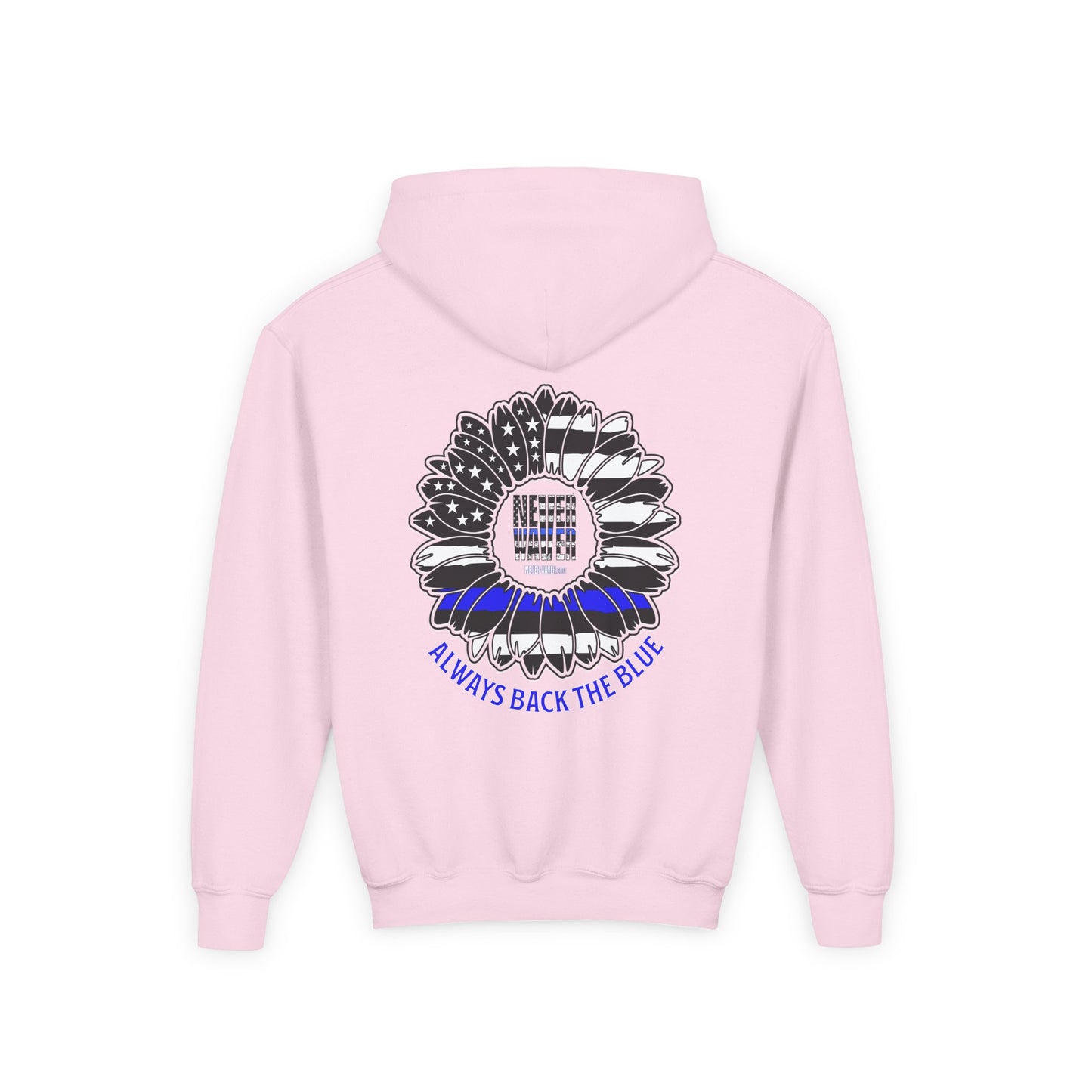 True Americans Never Waver They Always Back The Blue  Vintage-Inspired Youth Hoodie with American Flag Design - Never Waver