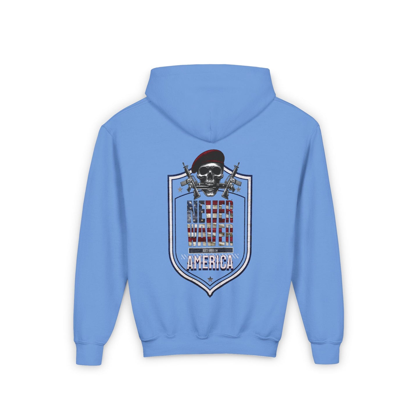 Youth Heavy Blend Hoodie - "Never Waver America" Motivational Sweatshirt - Never Waver