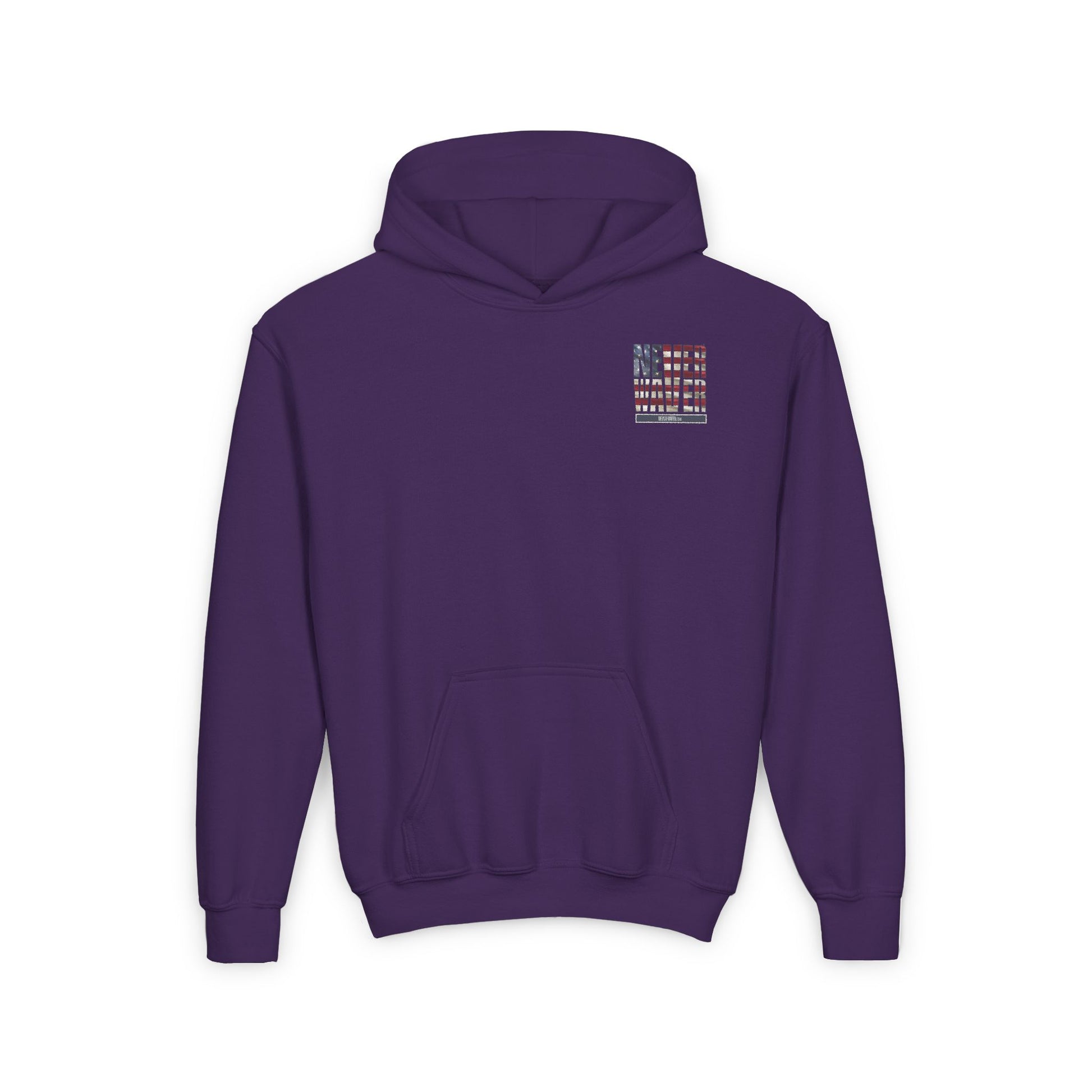 Youth Heavy Blend Hoodie - "Never Waver America" Motivational Sweatshirt - Never Waver