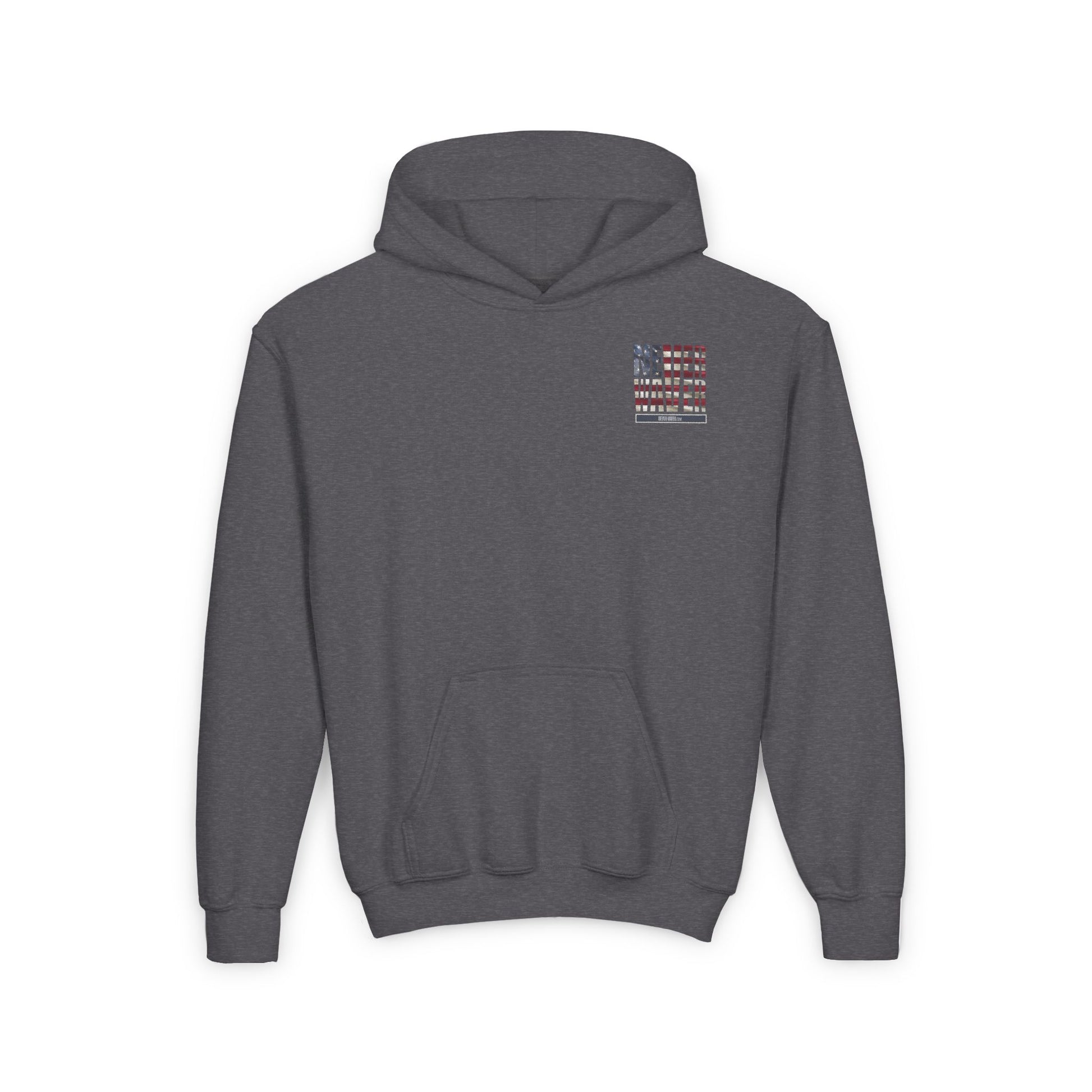 Youth Heavy Blend Hoodie - "Never Waver America" Motivational Sweatshirt - Never Waver