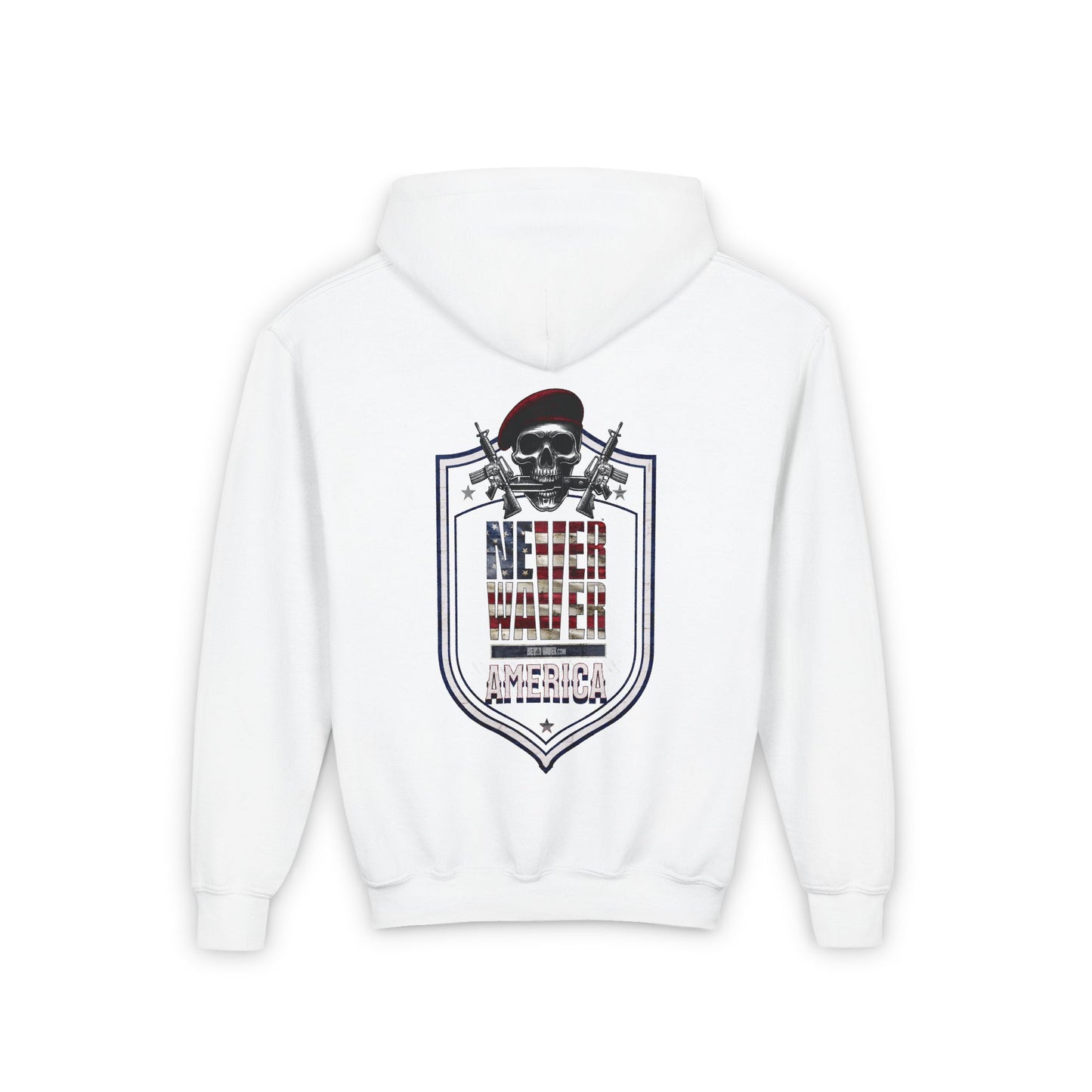 Youth Heavy Blend Hoodie - "Never Waver America" Motivational Sweatshirt - Never Waver