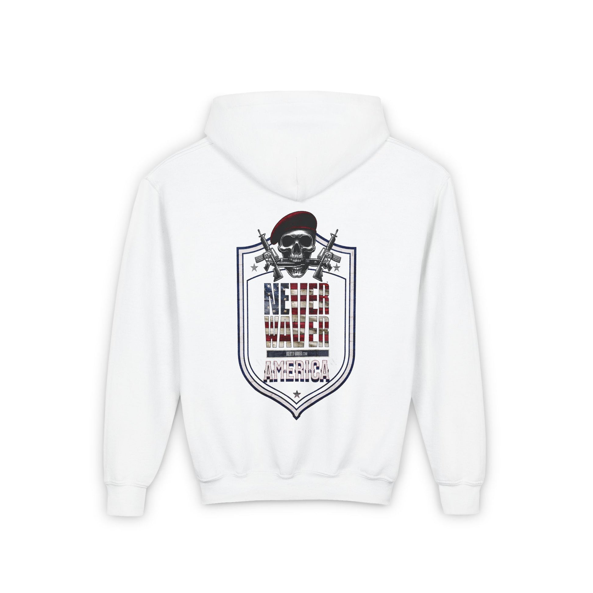 Youth Heavy Blend Hoodie - "Never Waver America" Motivational Sweatshirt - Never Waver