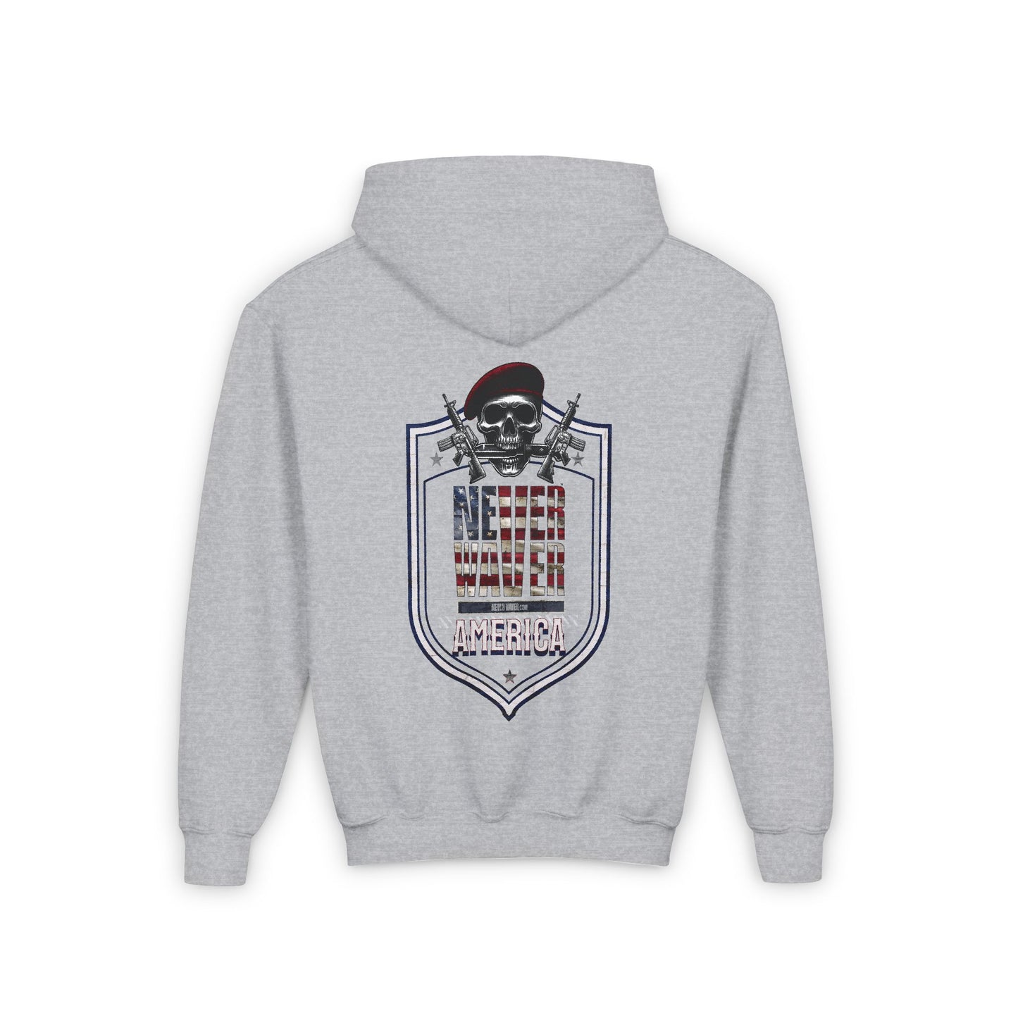 Youth Heavy Blend Hoodie - "Never Waver America" Motivational Sweatshirt - Never Waver