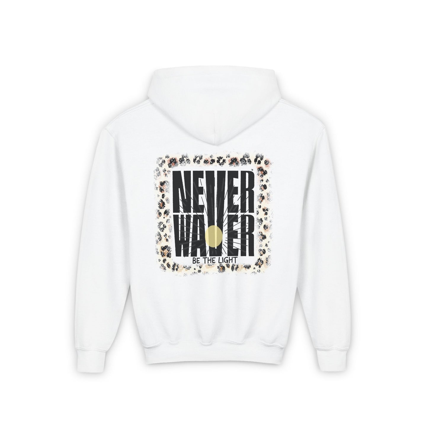 Youth Heavy Blend Hoodie - "NEVER WAVER Be The Light Design" Motivational Sweatshirt - Never Waver