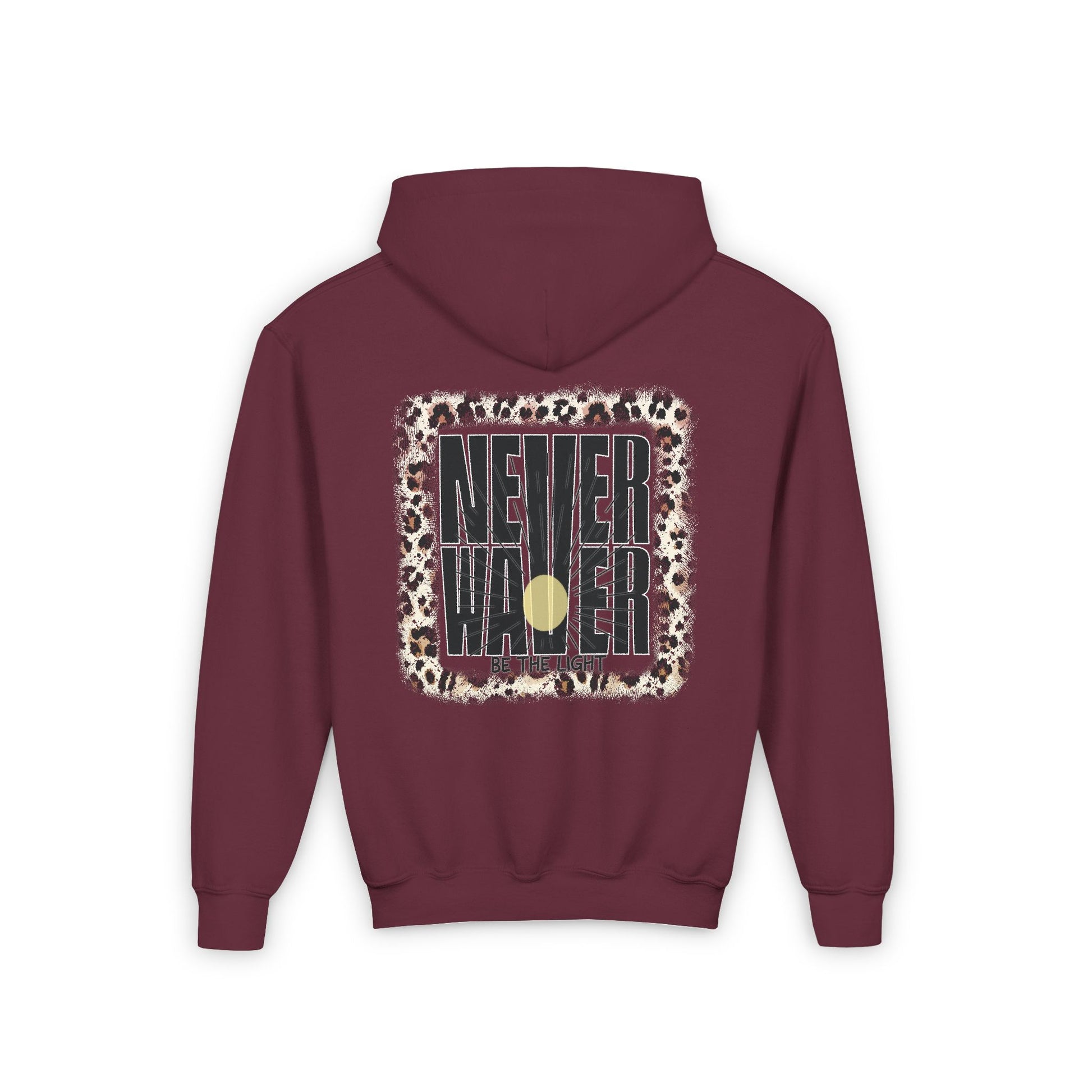 Youth Heavy Blend Hoodie - "NEVER WAVER Be The Light Design" Motivational Sweatshirt - Never Waver