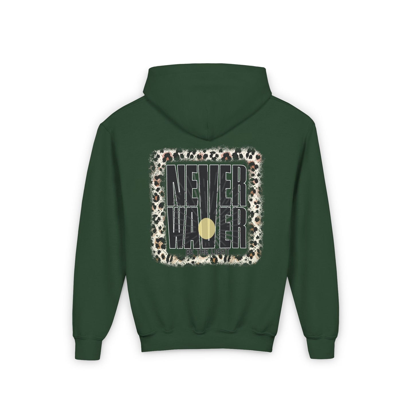 Youth Heavy Blend Hoodie - "NEVER WAVER Be The Light Design" Motivational Sweatshirt - Never Waver