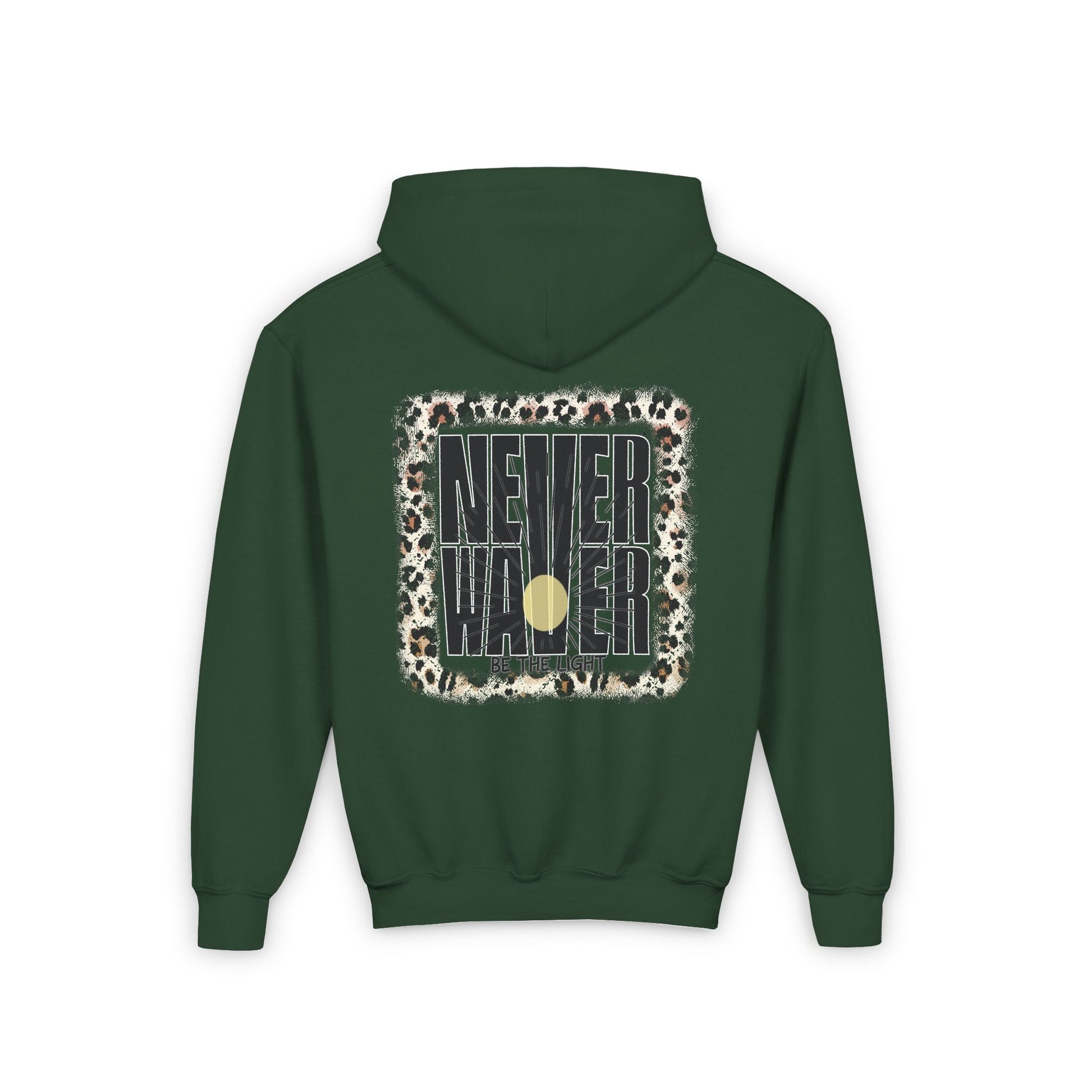 Youth Heavy Blend Hoodie - "NEVER WAVER Be The Light Design" Motivational Sweatshirt - Never Waver
