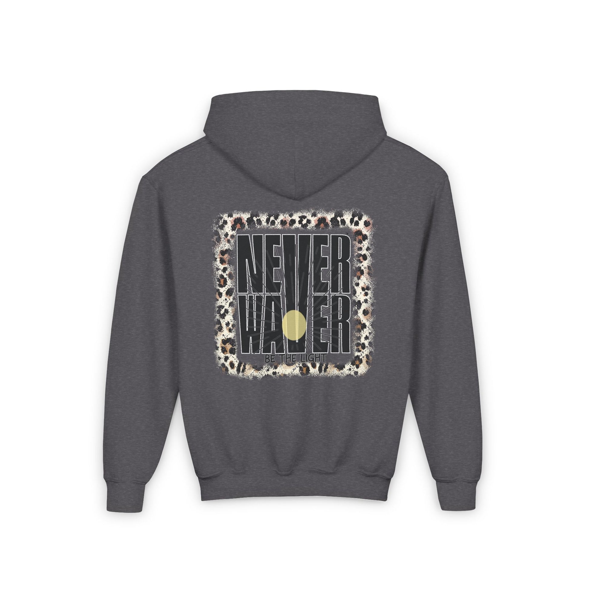 Youth Heavy Blend Hoodie - "NEVER WAVER Be The Light Design" Motivational Sweatshirt - Never Waver