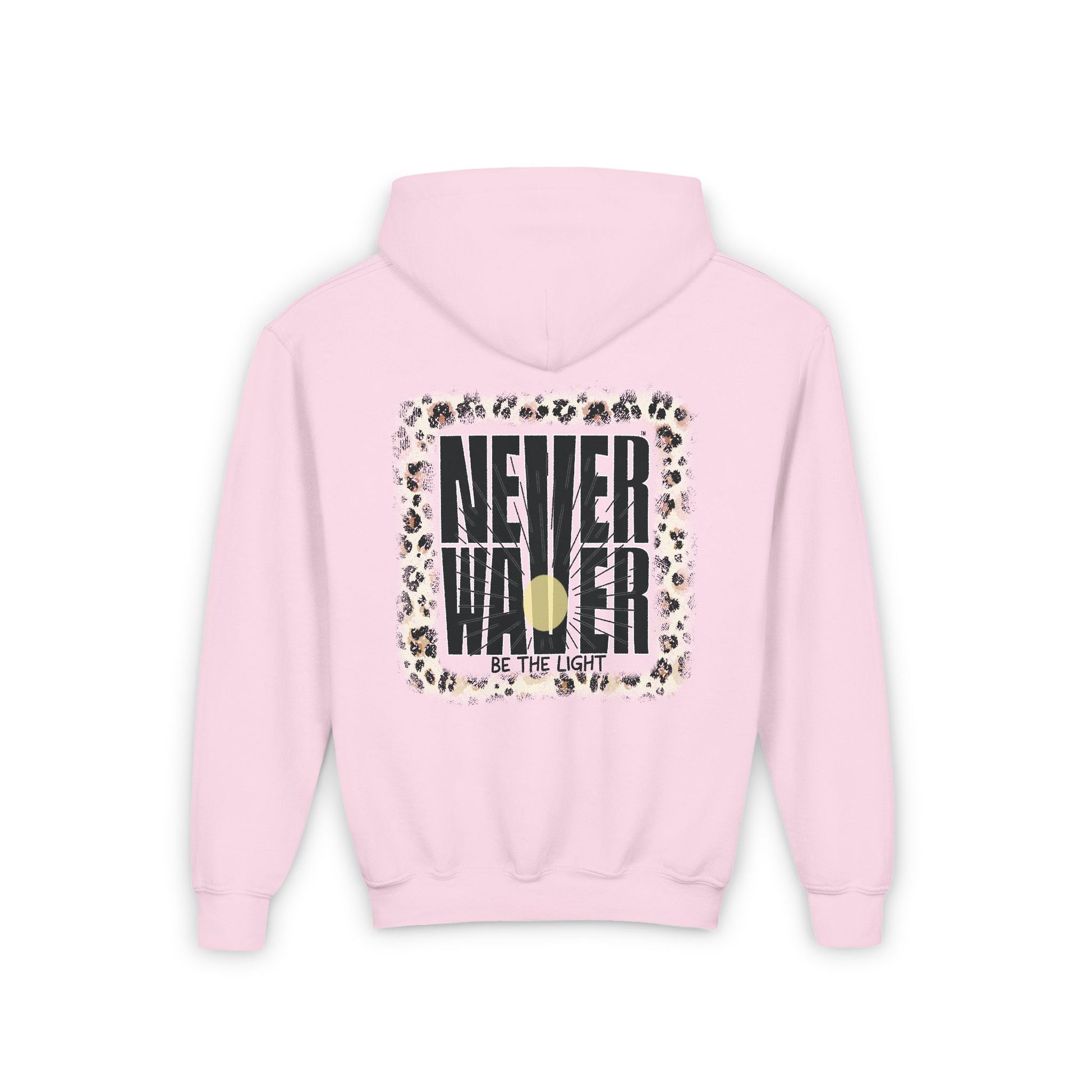 Youth Heavy Blend Hoodie - "NEVER WAVER Be The Light Design" Motivational Sweatshirt - Never Waver
