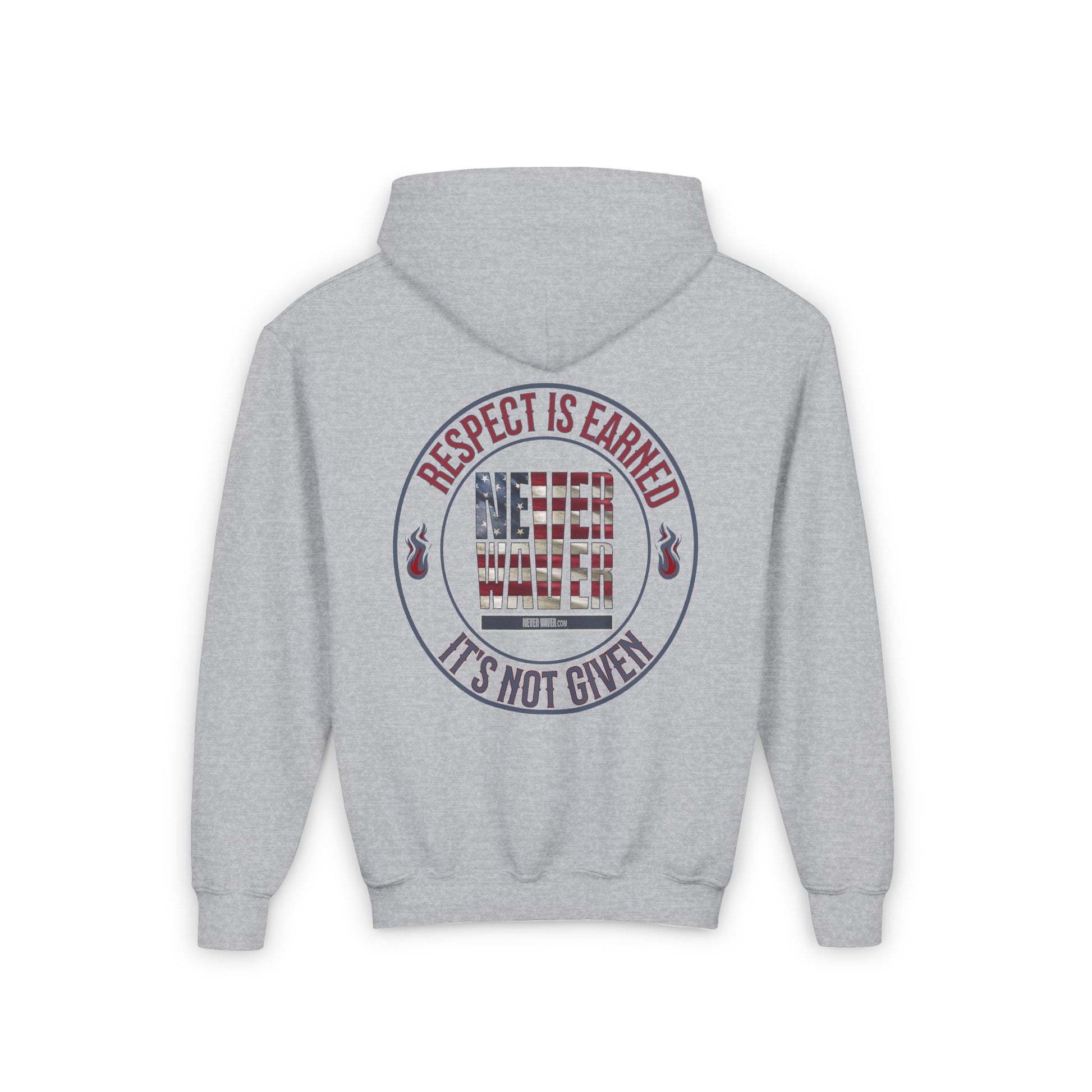 Youth Heavy Blend Hoodie - "Respect is Earned Never Waver It's Not Given" Motivational Sweatshirt - Never Waver