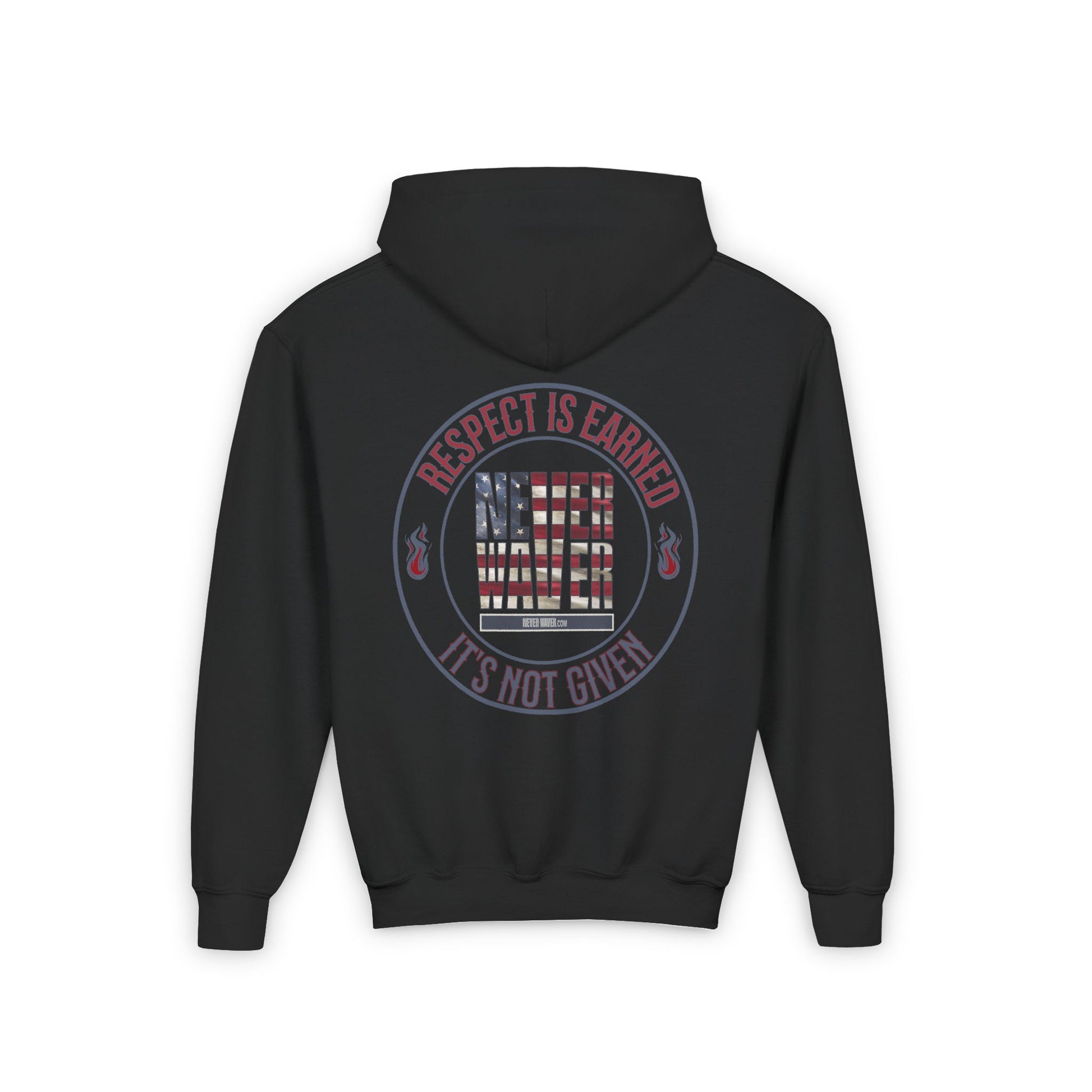 Youth Heavy Blend Hoodie - "Respect is Earned Never Waver It's Not Given" Motivational Sweatshirt - Never Waver