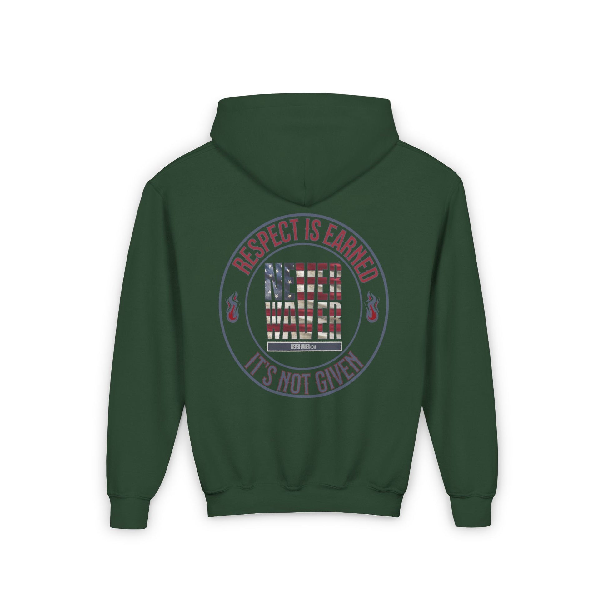 Youth Heavy Blend Hoodie - "Respect is Earned Never Waver It's Not Given" Motivational Sweatshirt - Never Waver