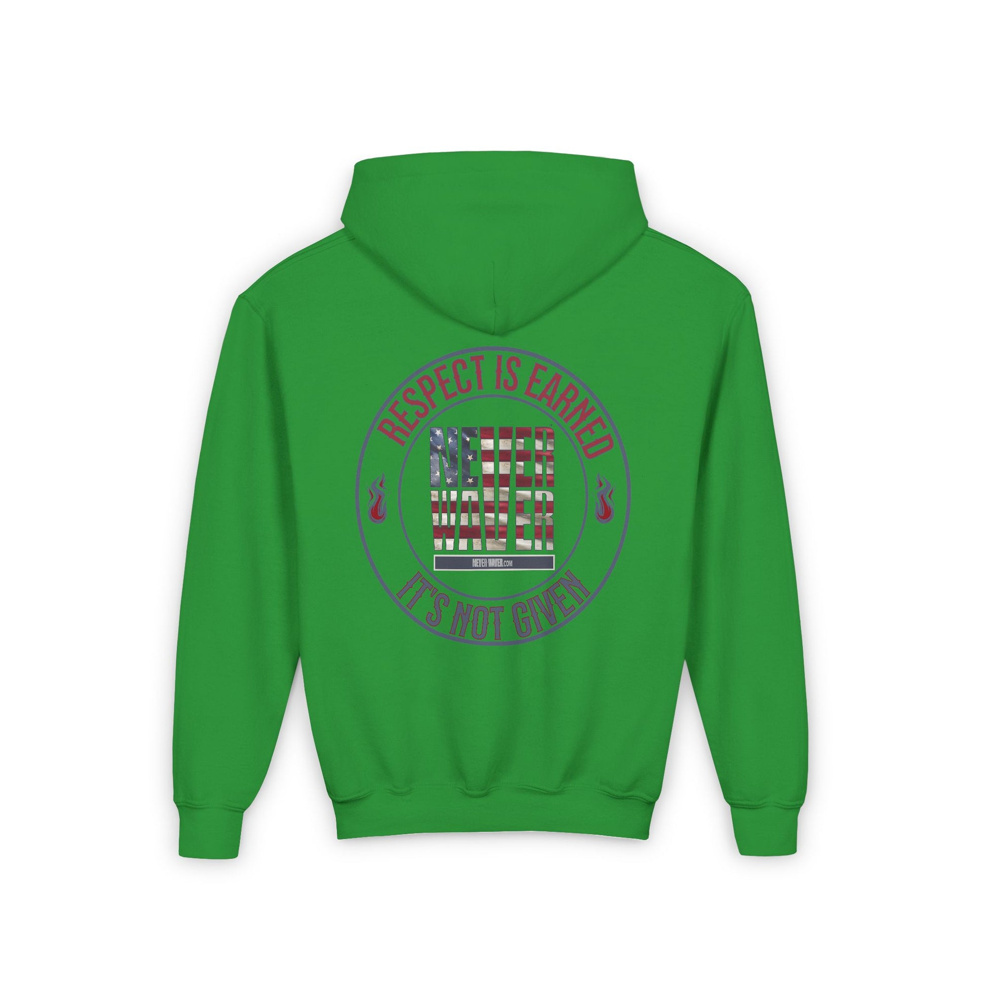 Youth Heavy Blend Hoodie - "Respect is Earned Never Waver It's Not Given" Motivational Sweatshirt - Never Waver