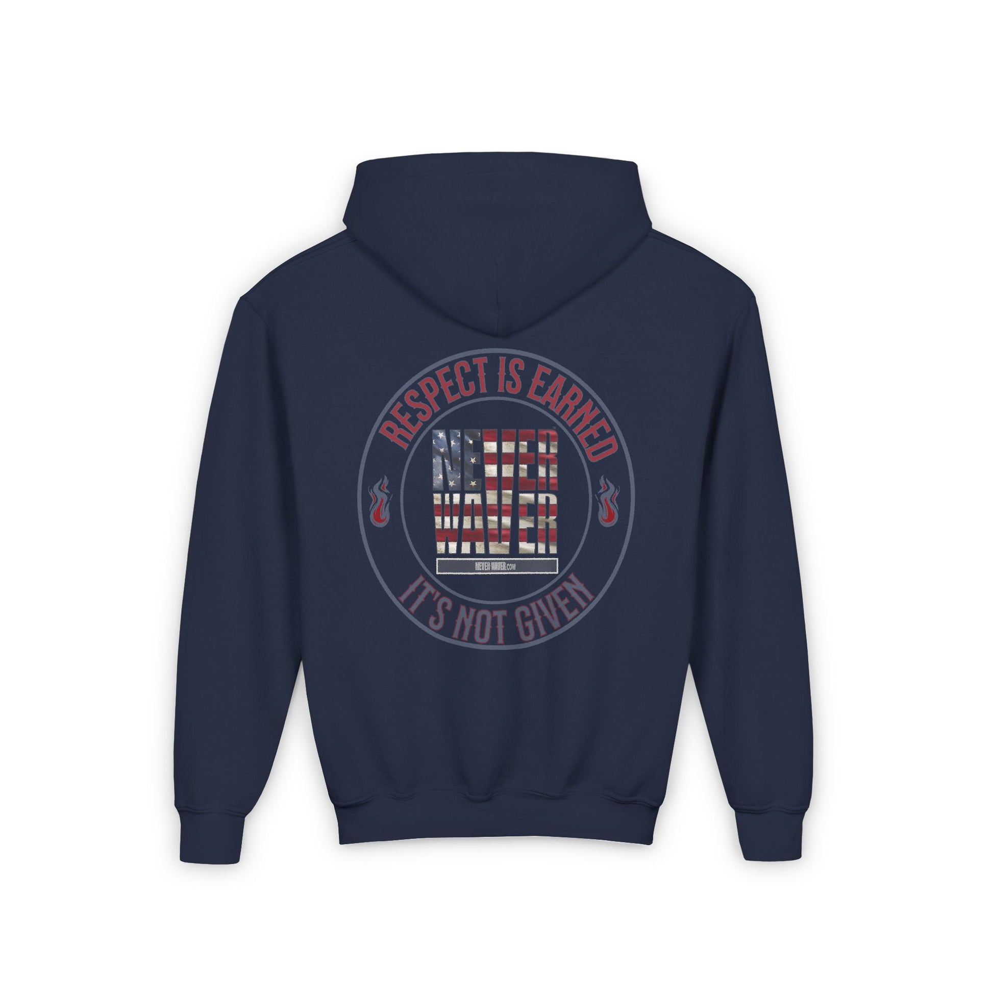 Youth Heavy Blend Hoodie - "Respect is Earned Never Waver It's Not Given" Motivational Sweatshirt - Never Waver