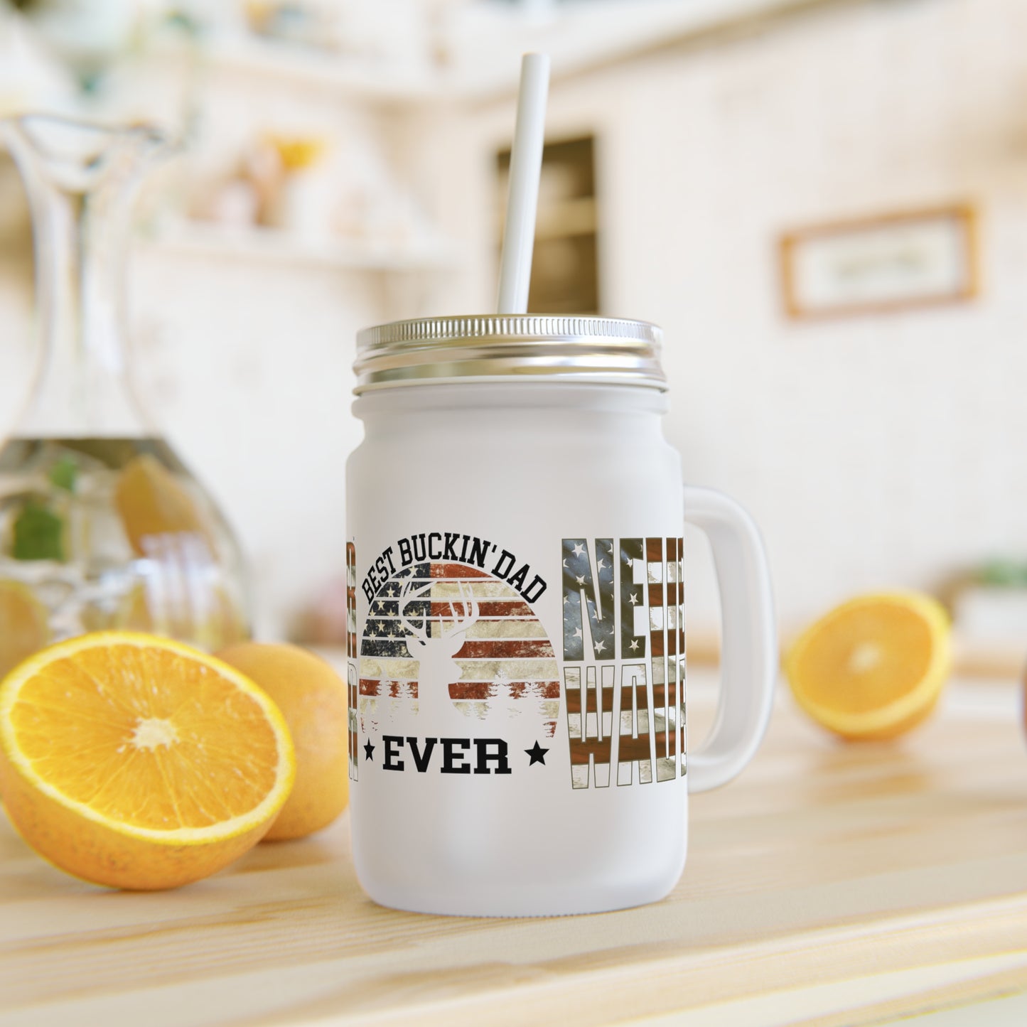 Never Waver Best Buckin' Dad Ever Patriotic Mason Jar with Straw - Ideal Gift for Dads - Never Waver