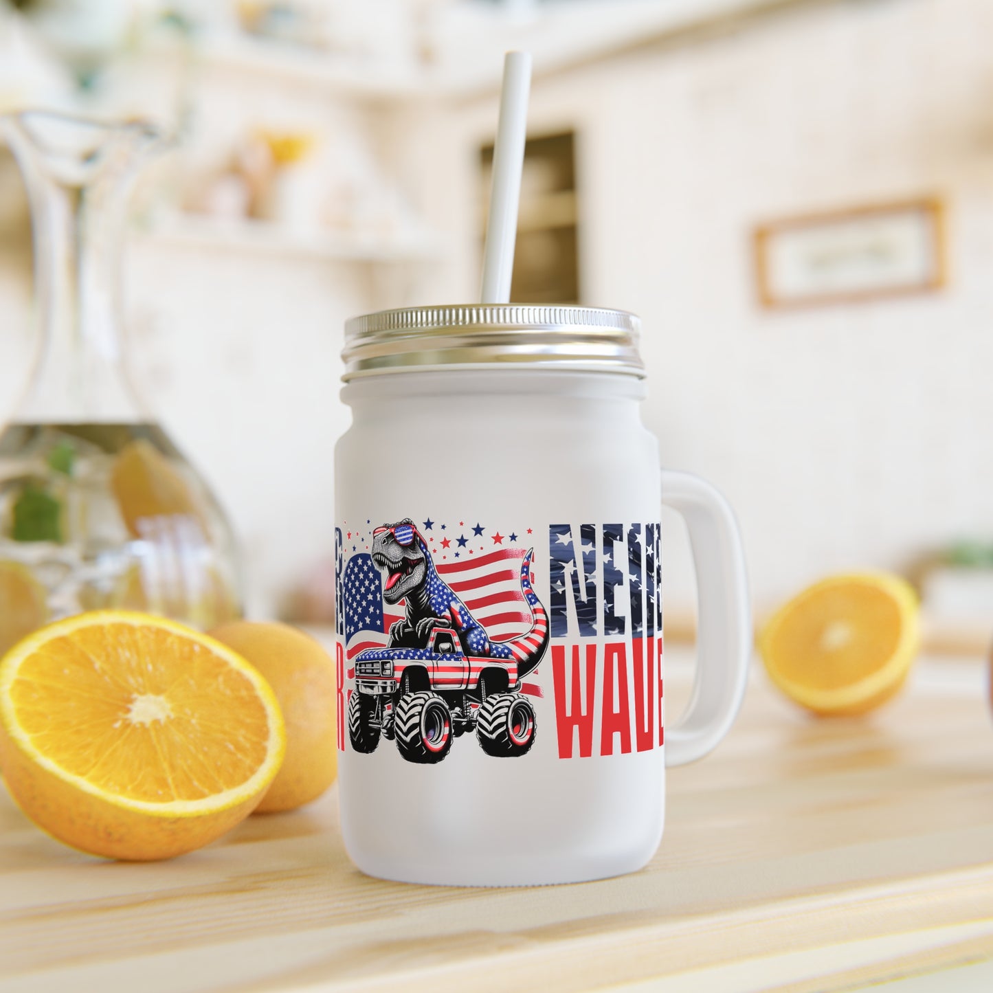 Never Waver Patriotic Dinosaur Mason Jar with Straw - Perfect for 4th of July Celebrations - Never Waver