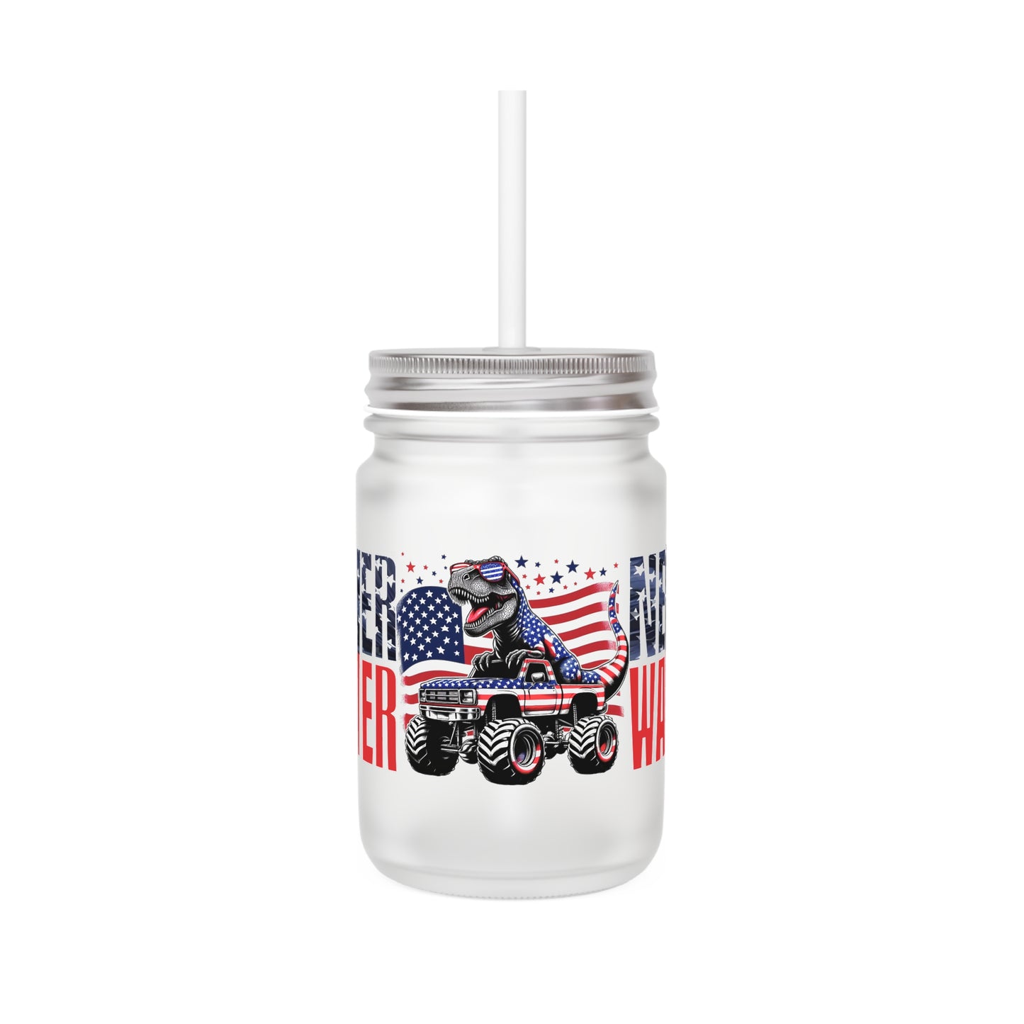 Never Waver Patriotic Dinosaur Mason Jar with Straw - Perfect for 4th of July Celebrations - Never Waver