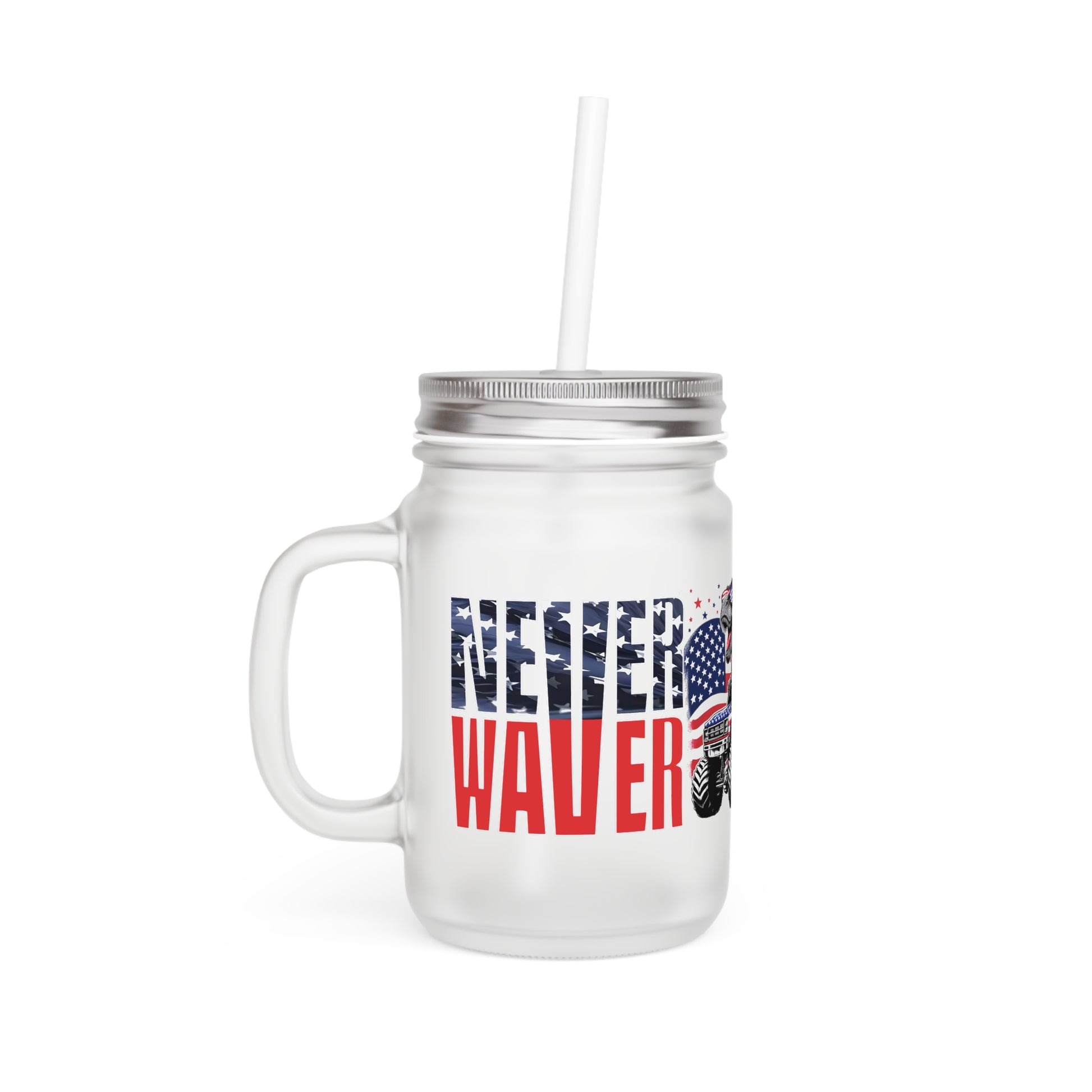 Never Waver Patriotic Dinosaur Mason Jar with Straw - Perfect for 4th of July Celebrations - Never Waver
