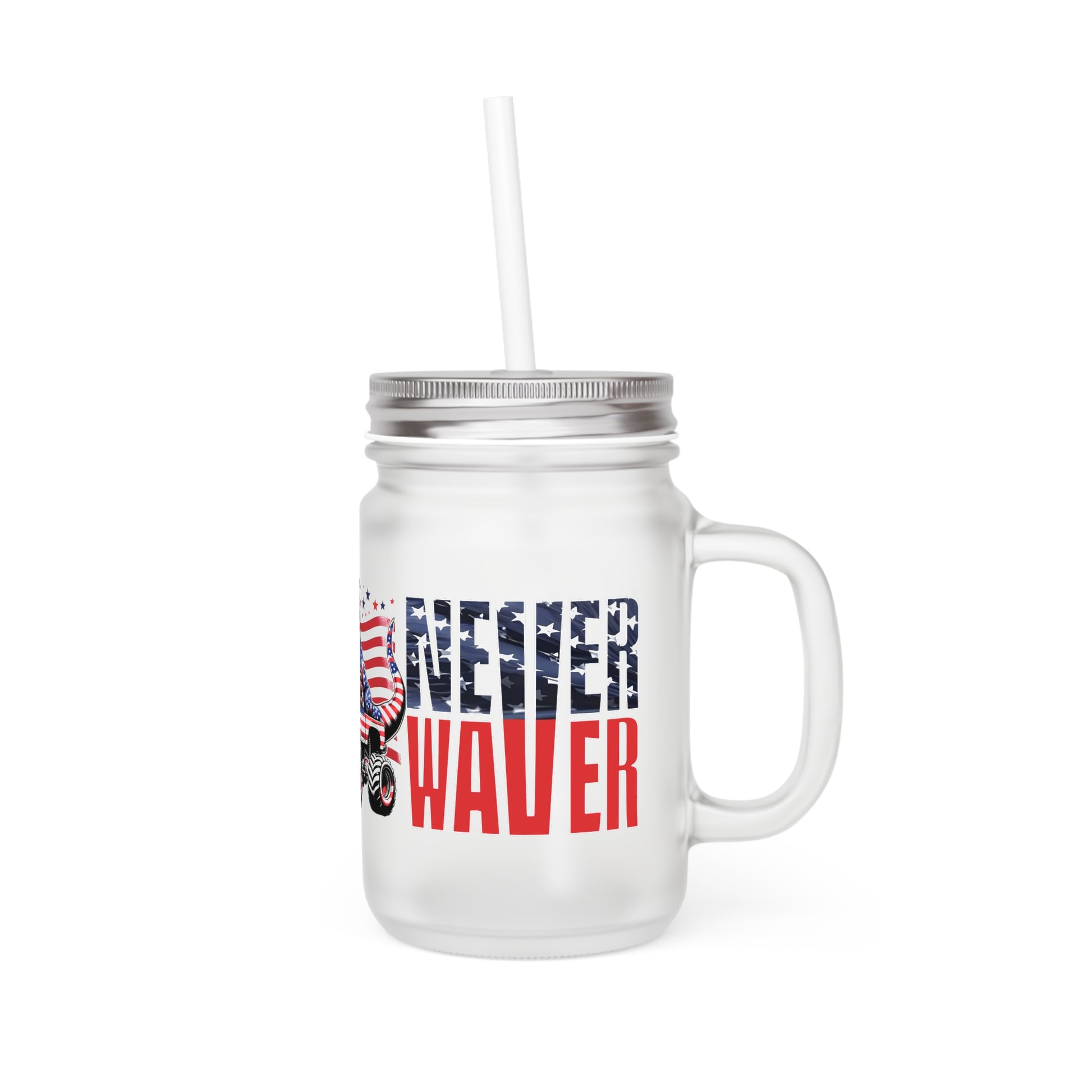 Never Waver Patriotic Dinosaur Mason Jar with Straw - Perfect for 4th of July Celebrations - Never Waver