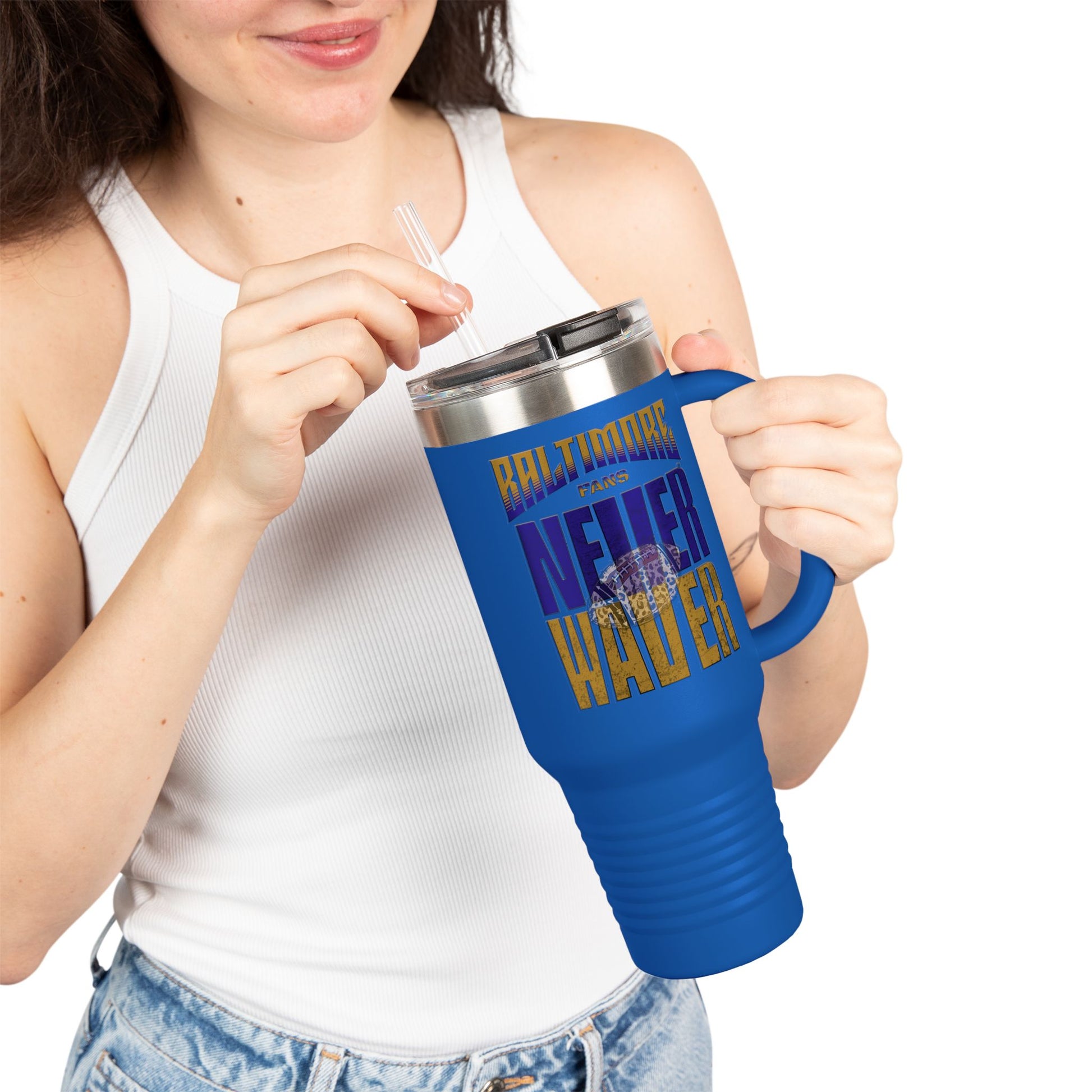 Baltimore Fans Never Waver with Leopard football Insulated Travel Mug, 40oz - Never Waver