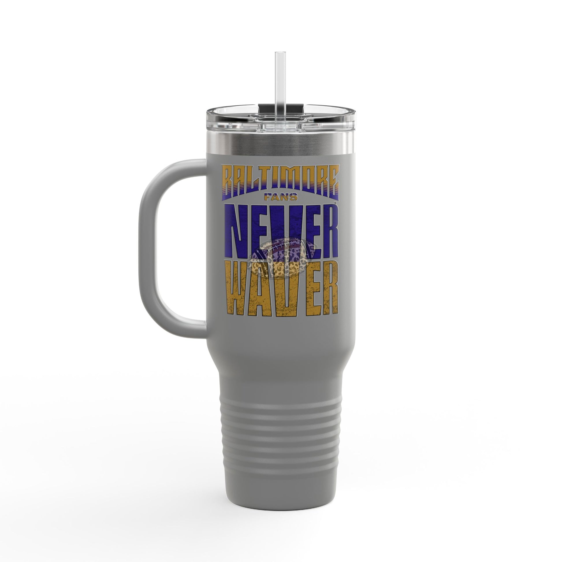 Baltimore Fans Never Waver with Leopard football Insulated Travel Mug, 40oz - Never Waver