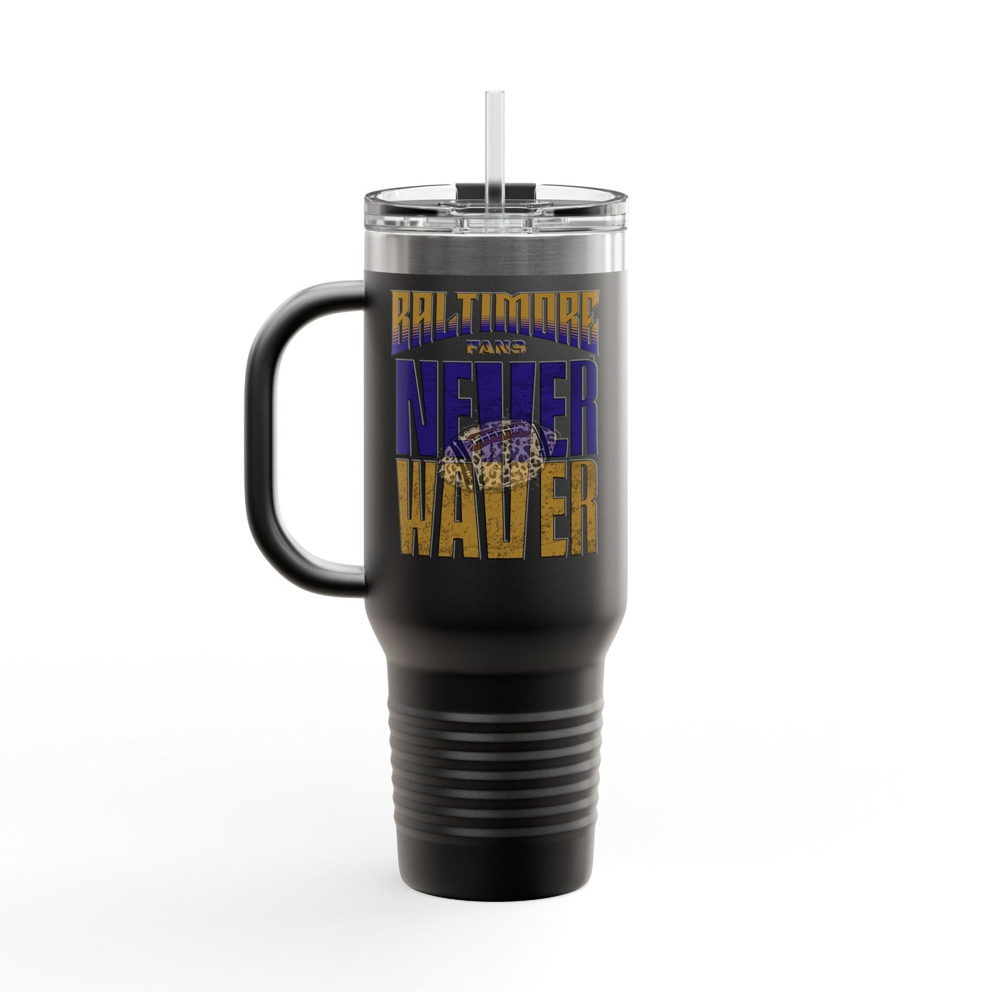 Baltimore Fans Never Waver with Leopard football Insulated Travel Mug, 40oz - Never Waver