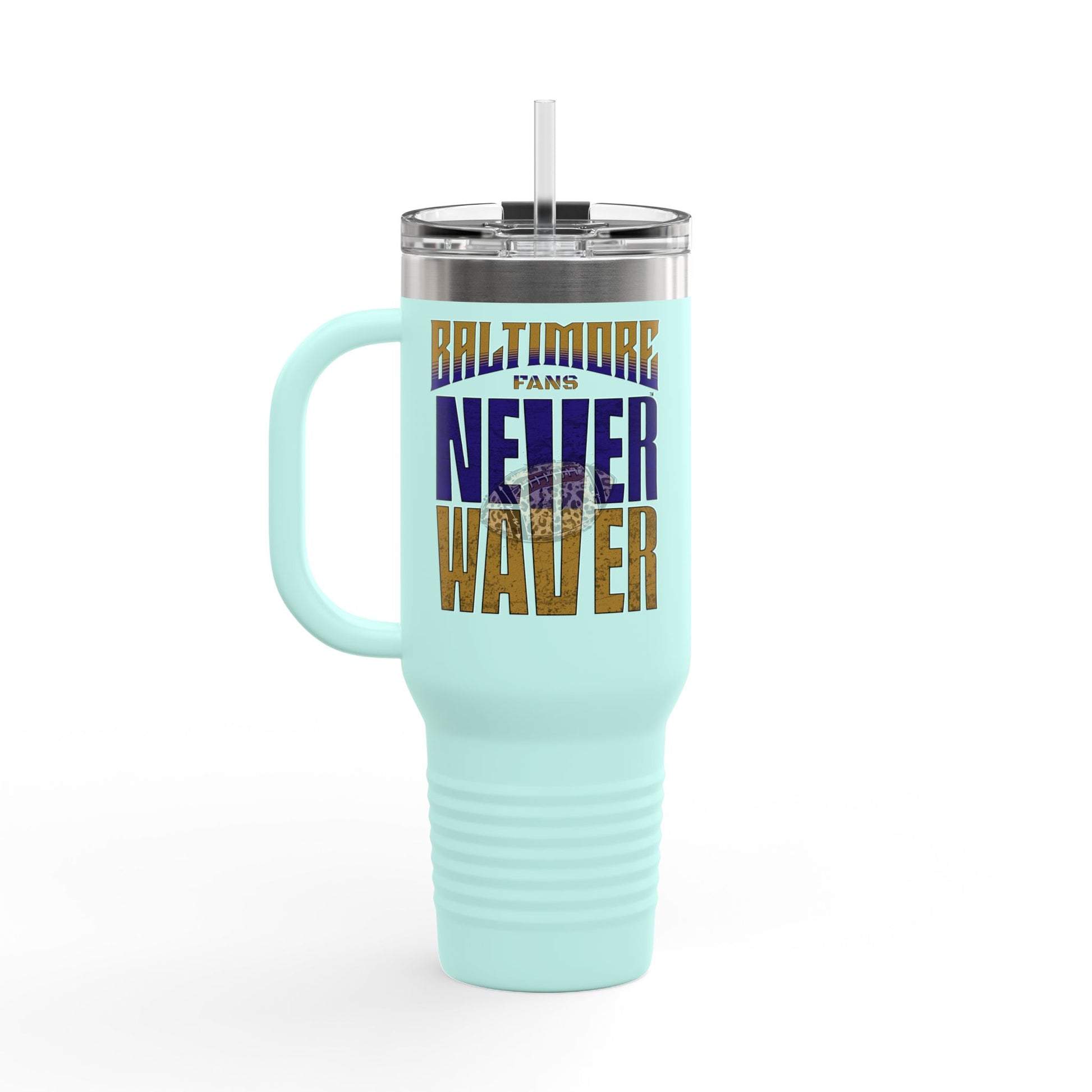 Baltimore Fans Never Waver with Leopard football Insulated Travel Mug, 40oz - Never Waver