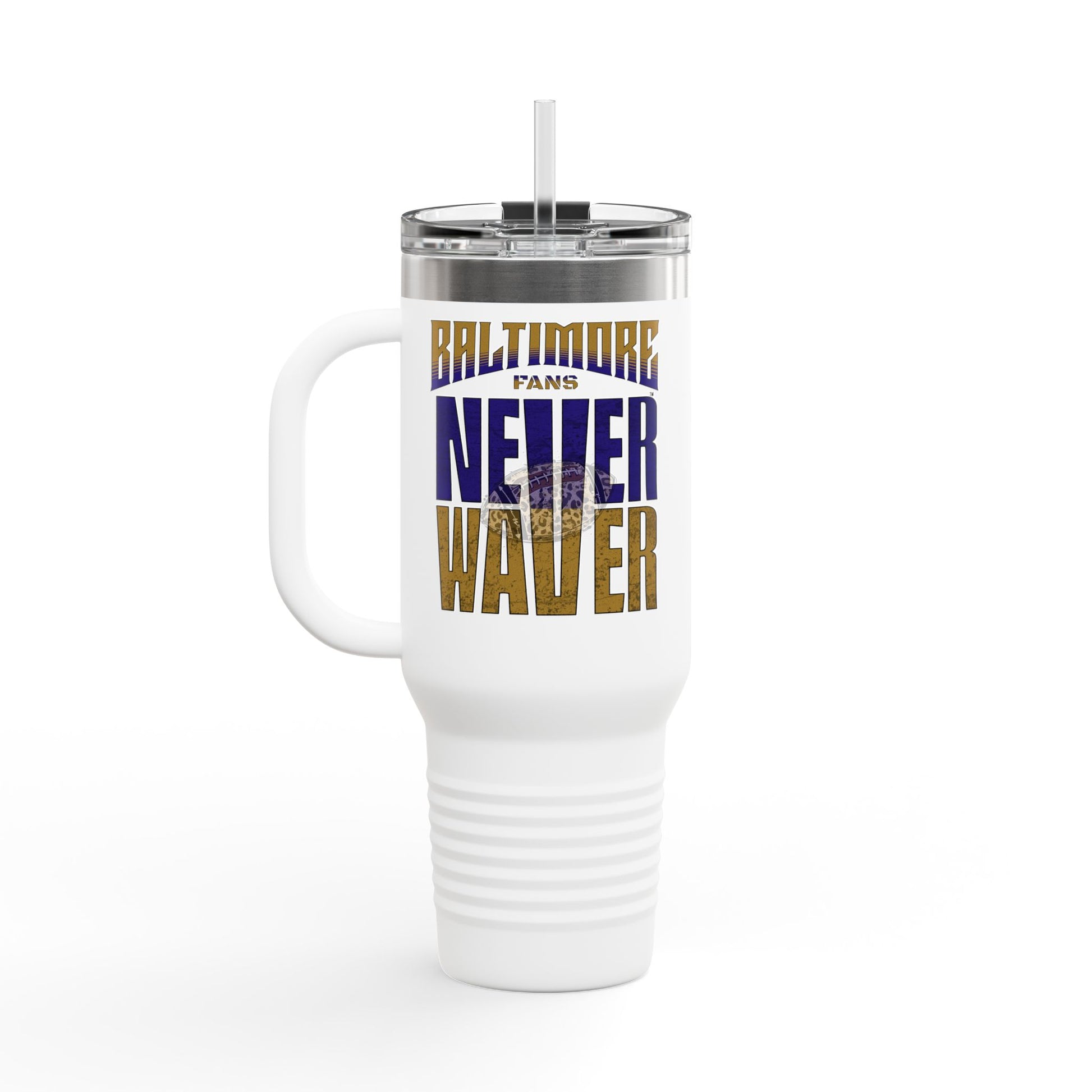 Baltimore Fans Never Waver with Leopard football Insulated Travel Mug, 40oz - Never Waver