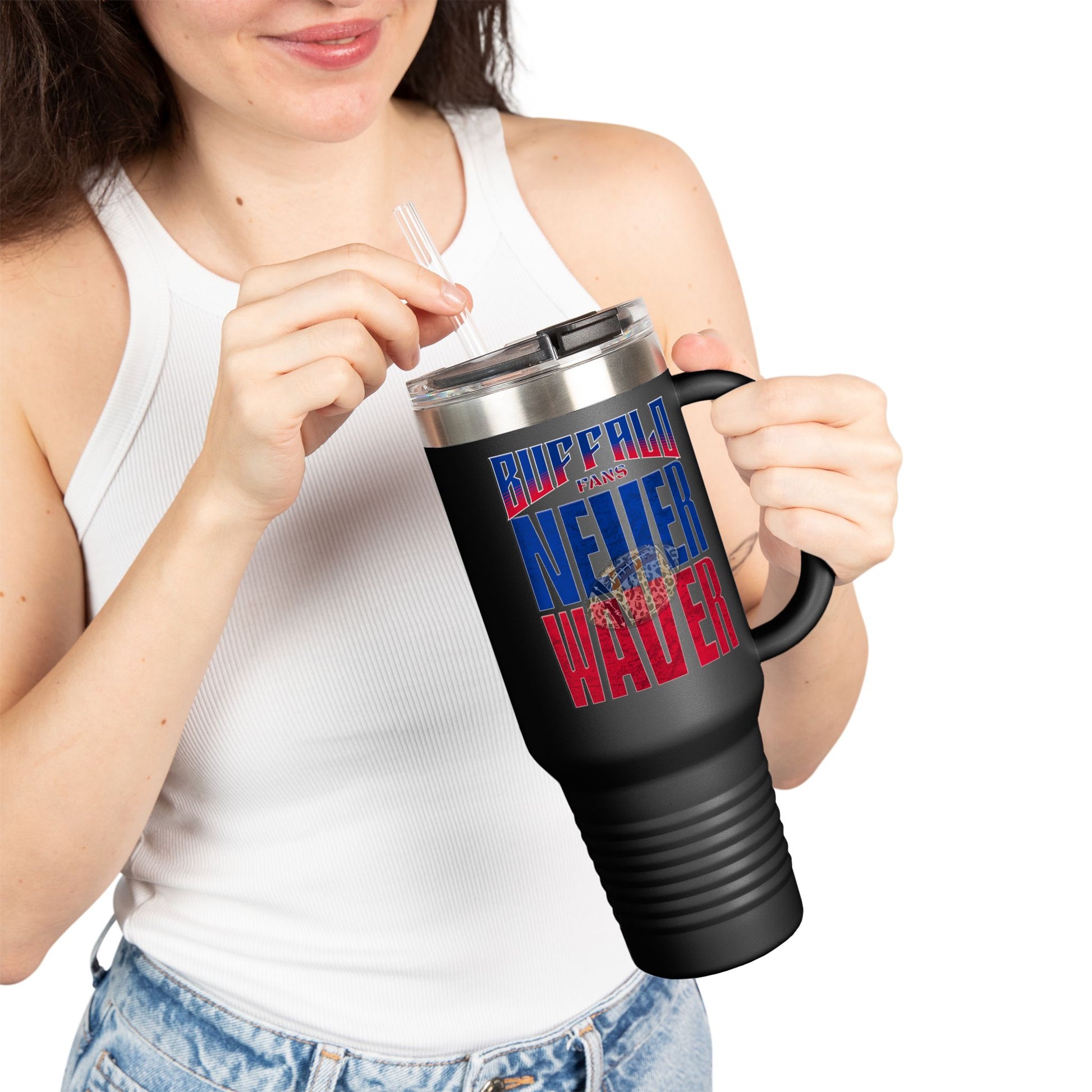 Buffalo Fans Never Waver W- Leopard football nsulated Travel Mug, 40oz - Never Waver