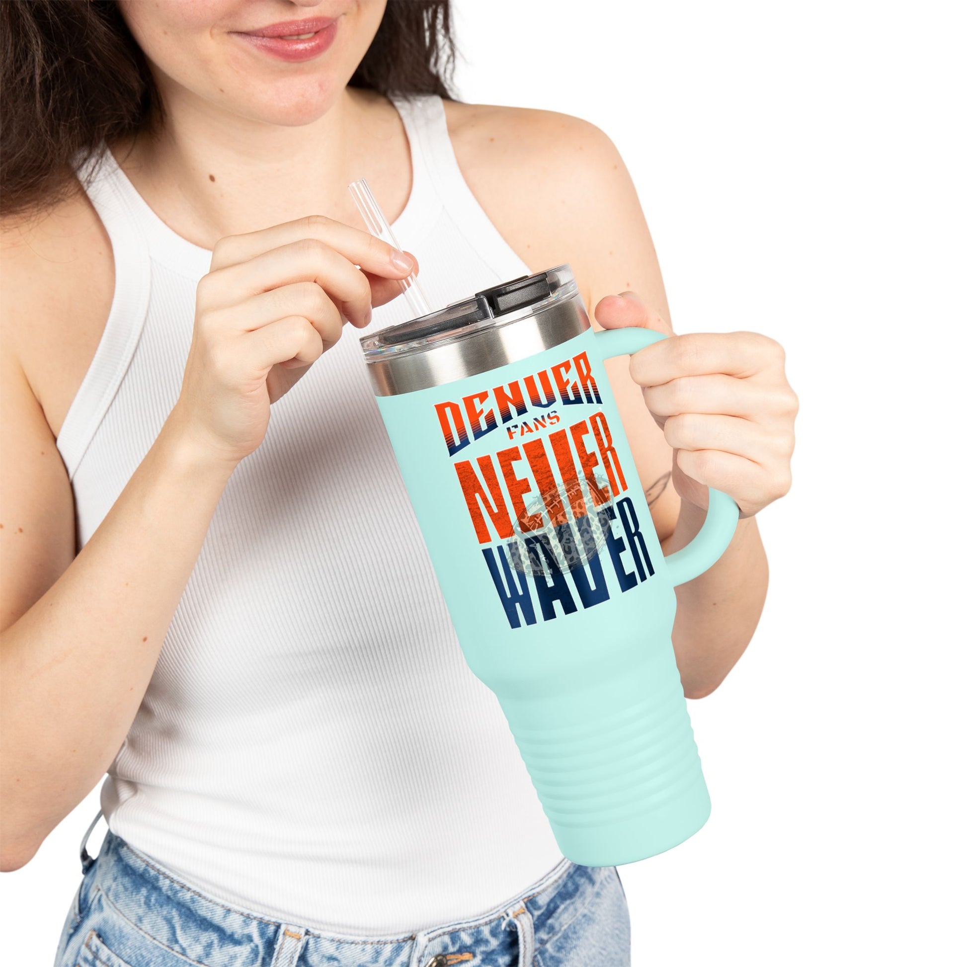 Denver Fans Never Waver with leopard football Insulated Travel Mug, 40oz - Never Waver
