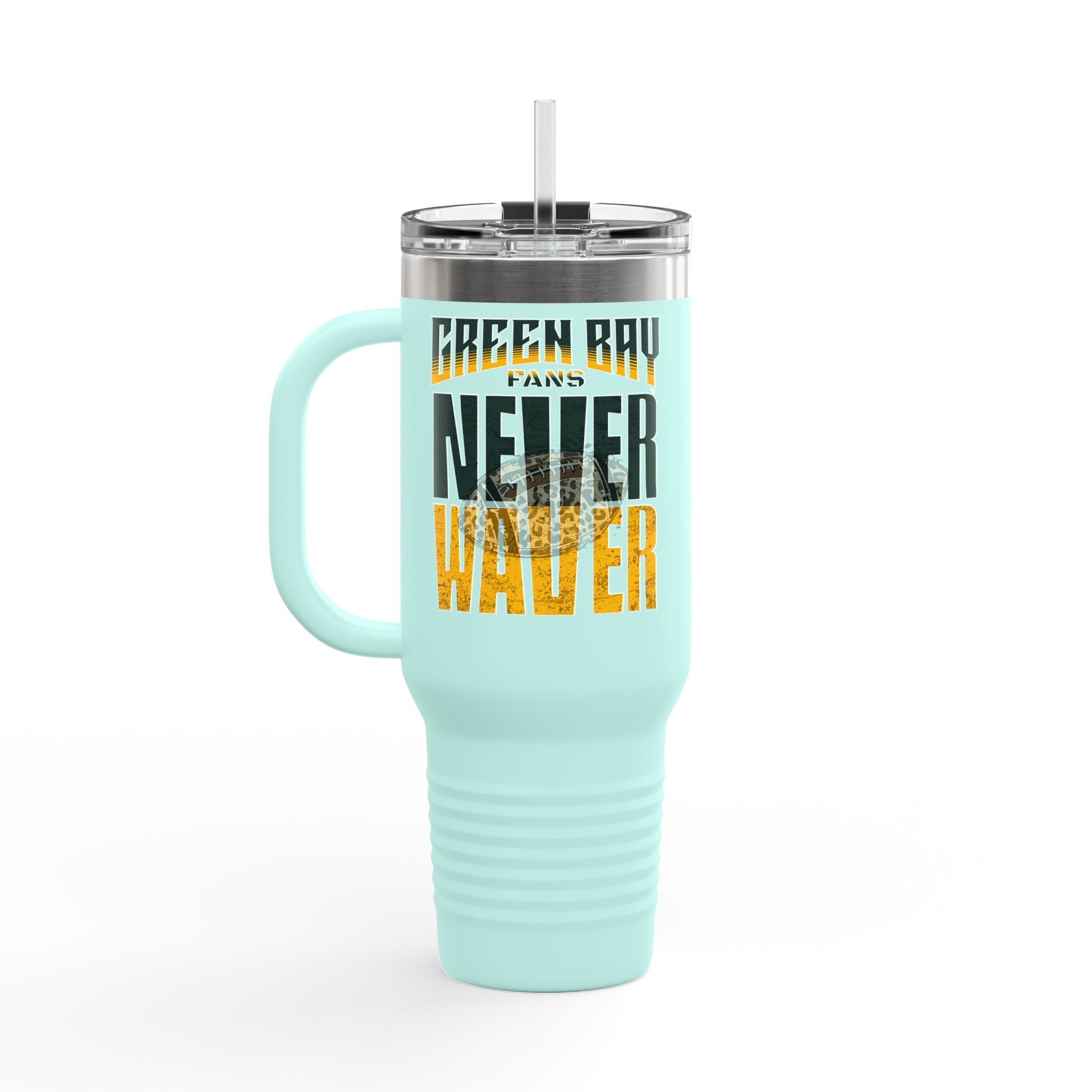 Green Bay Fans Never Waver with leopard football Insulated Travel Mug, 40oz - Never Waver