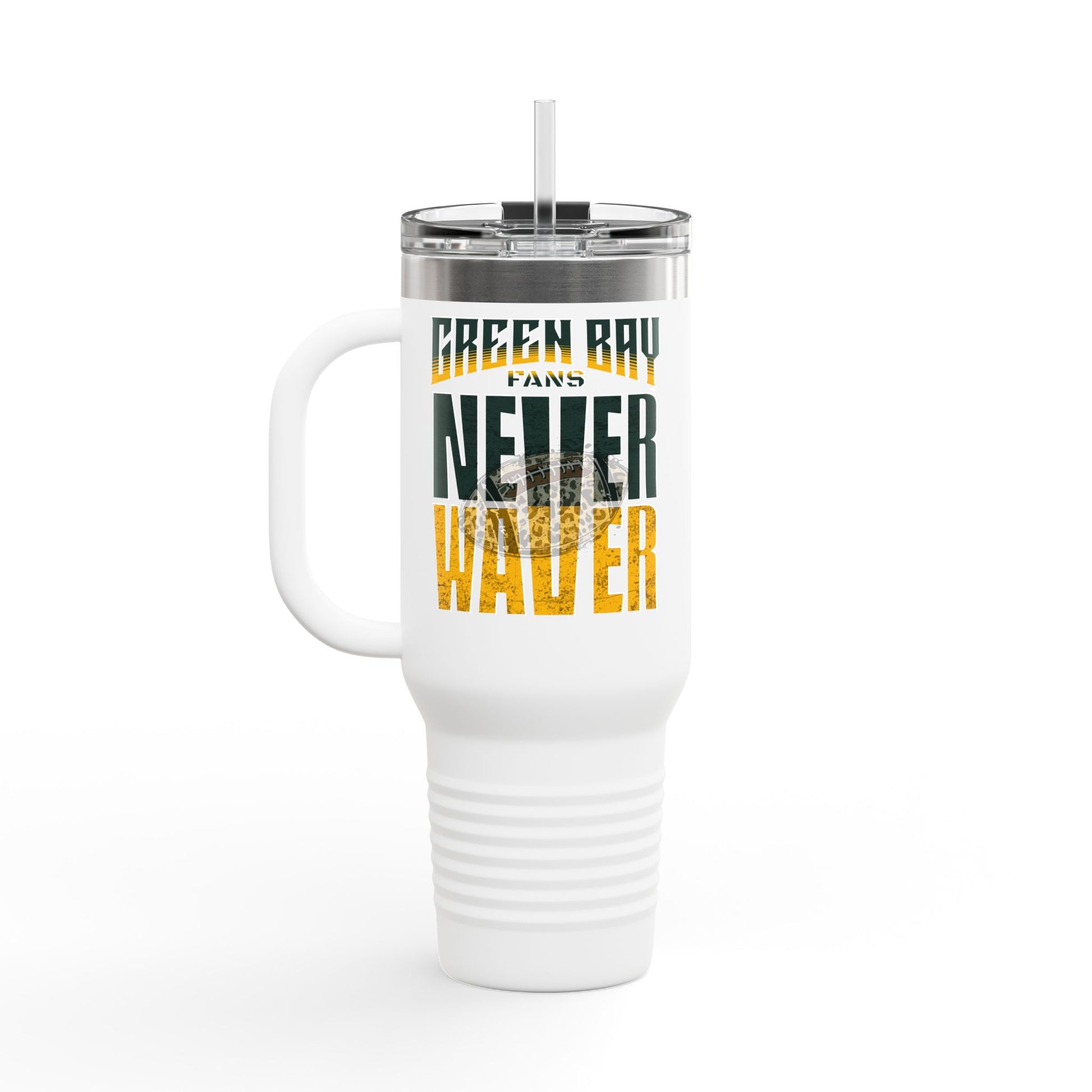 Green Bay Fans Never Waver with leopard football Insulated Travel Mug, 40oz - Never Waver
