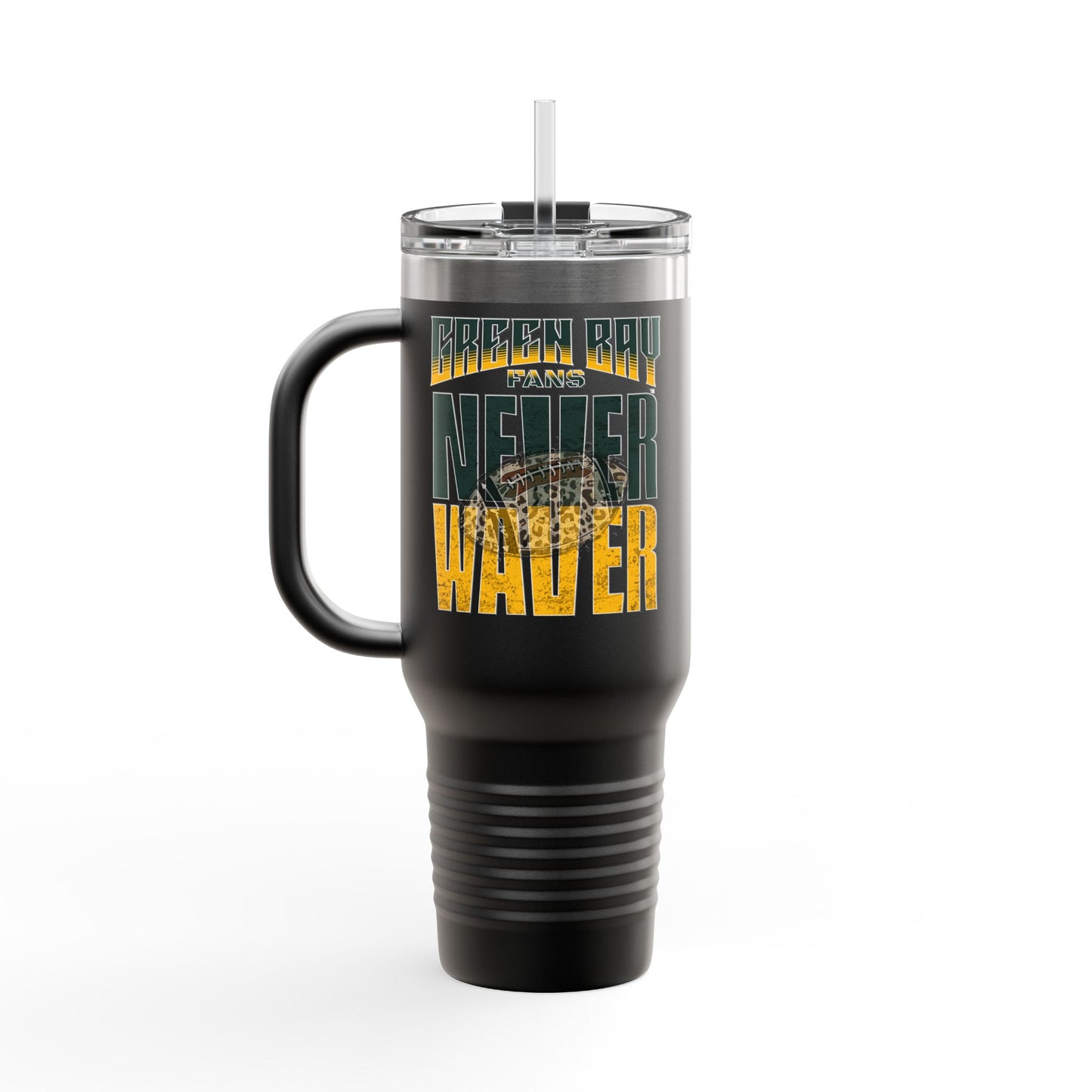 Green Bay Fans Never Waver with leopard football Insulated Travel Mug, 40oz - Never Waver