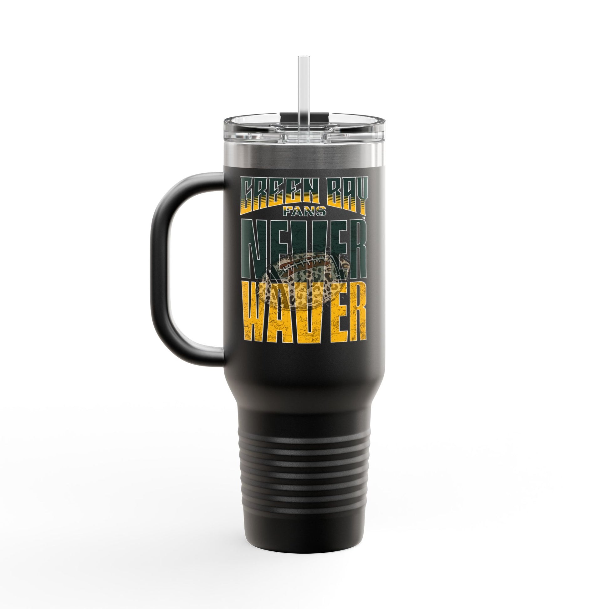 Green Bay Fans Never Waver with leopard football Insulated Travel Mug, 40oz - Never Waver