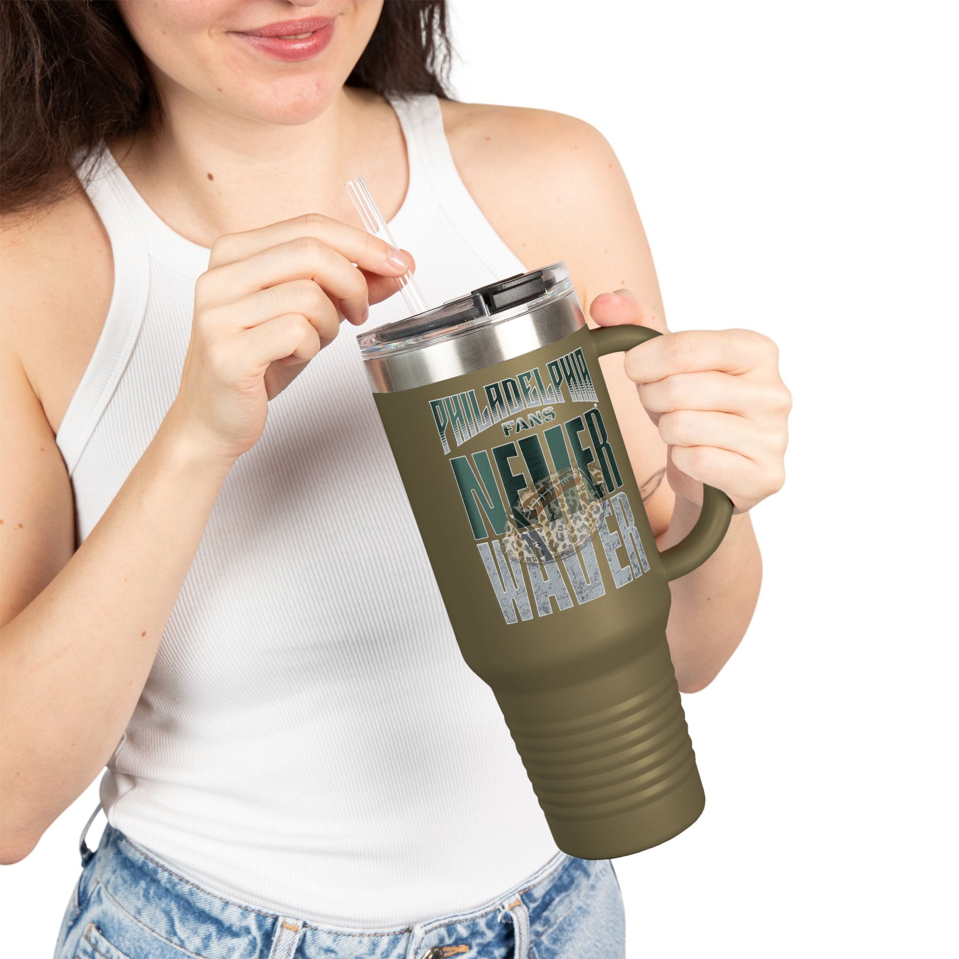 Leopard Football Insulated Travel Mug, 40oz - Philadelphia Fans Never Waver - Never Waver
