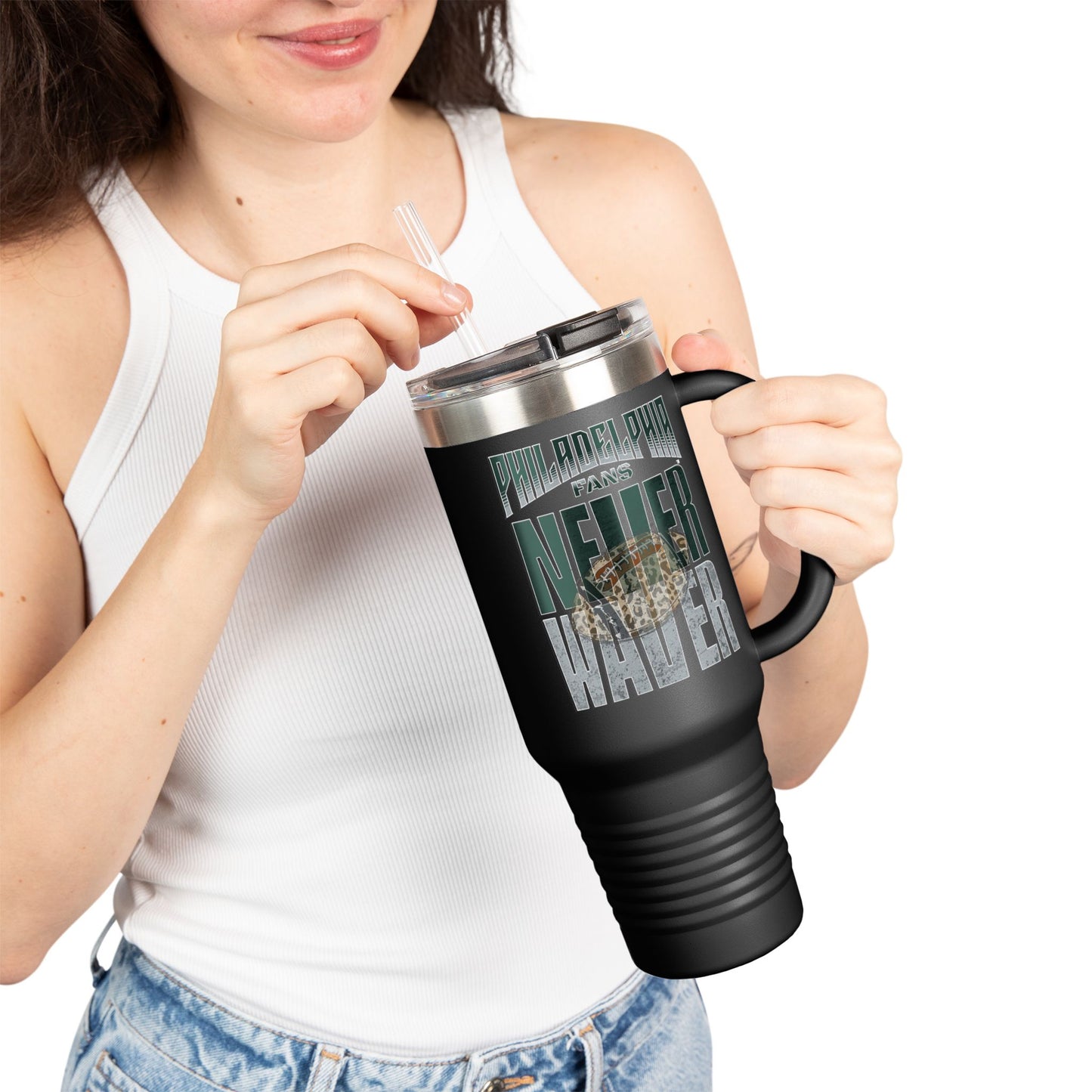 Leopard Football Insulated Travel Mug, 40oz - Philadelphia Fans Never Waver - Never Waver