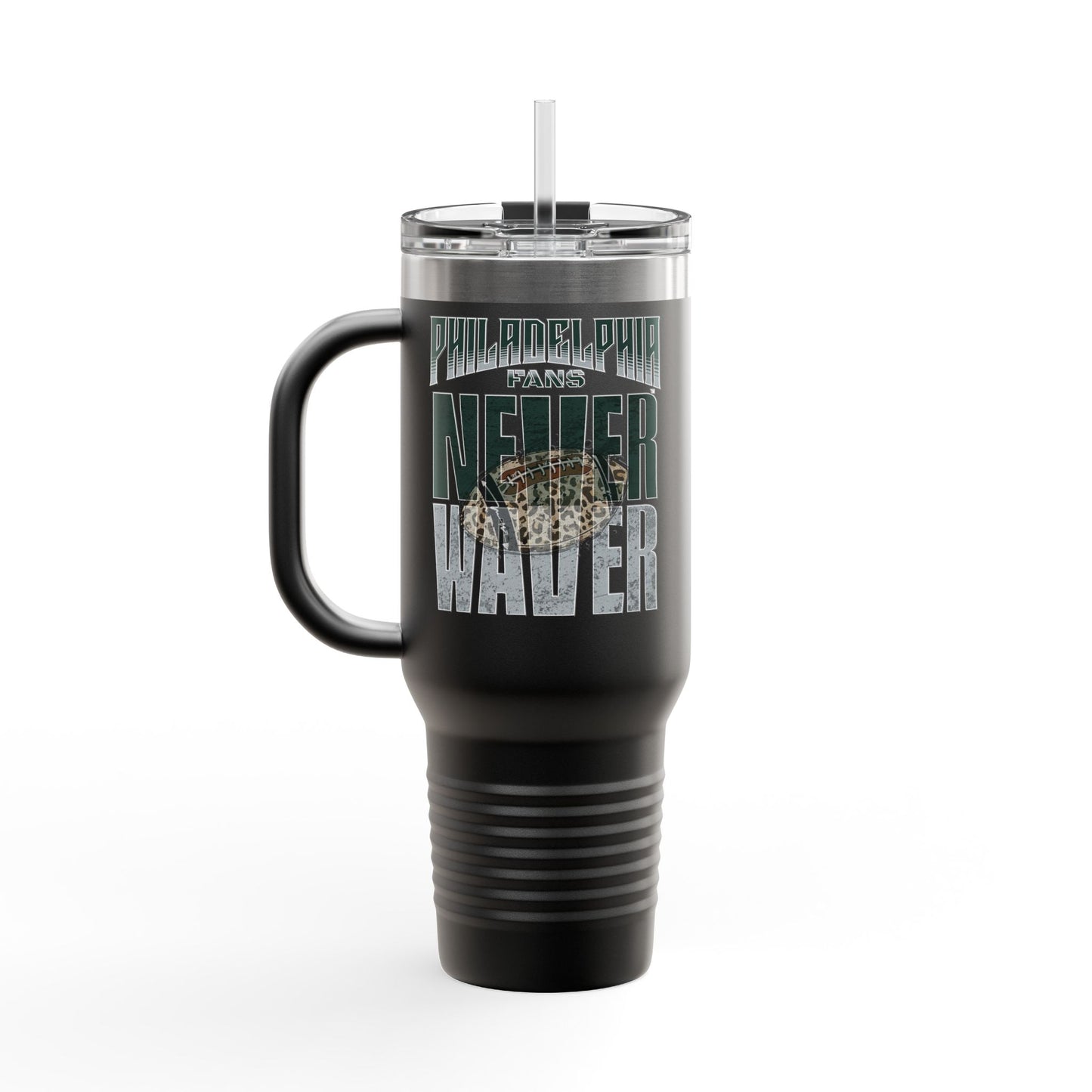 Leopard Football Insulated Travel Mug, 40oz - Philadelphia Fans Never Waver - Never Waver