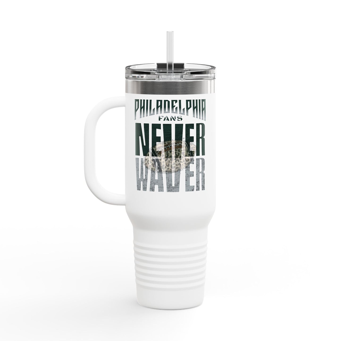Leopard Football Insulated Travel Mug, 40oz - Philadelphia Fans Never Waver - Never Waver
