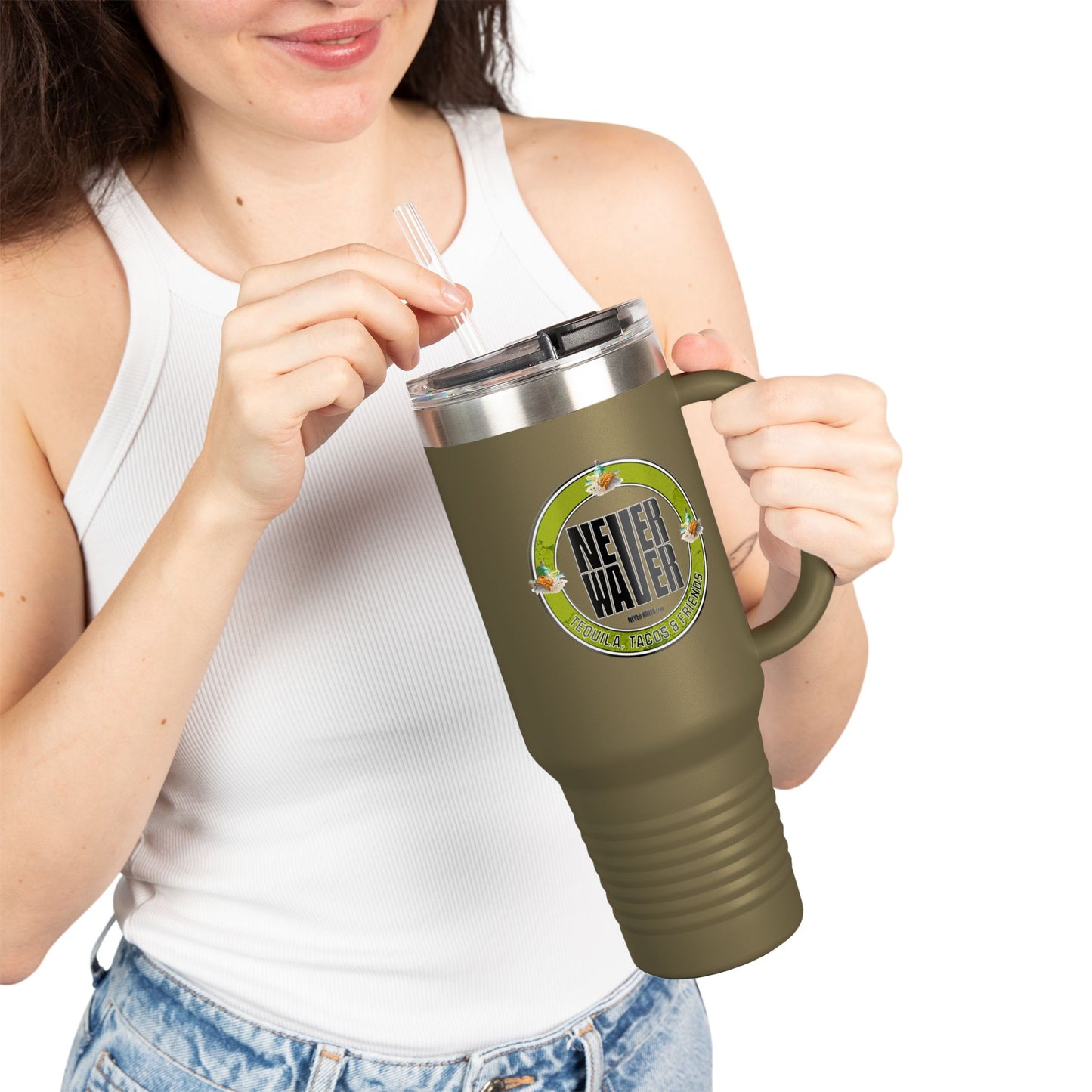 Never Waver Tequila, Tacos, And Friends Insulated Travel Mug, 40oz - Never Waver