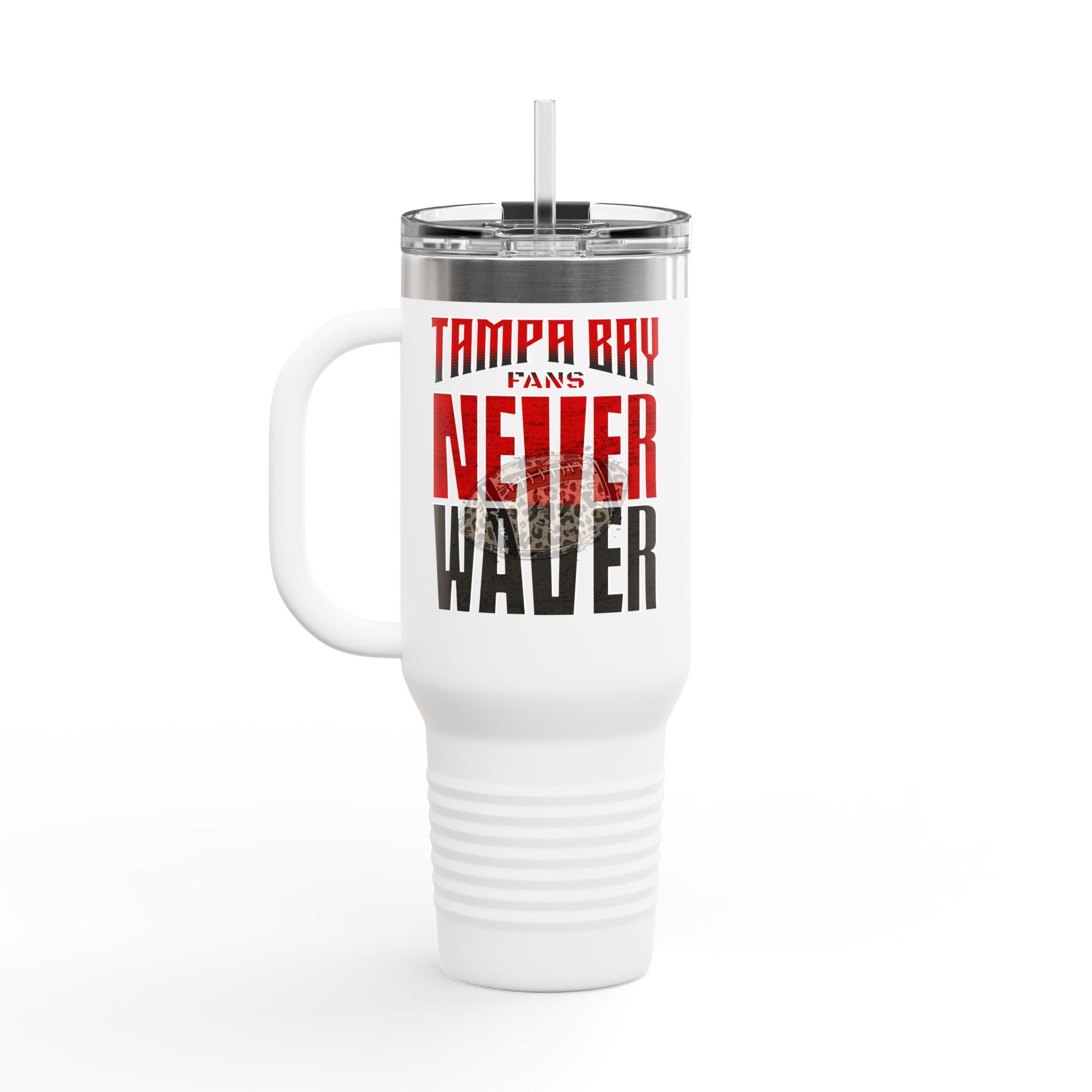 Tampa Bay Fans Never Waver with leopard football Insulated Travel Mug, 40oz - Never Waver