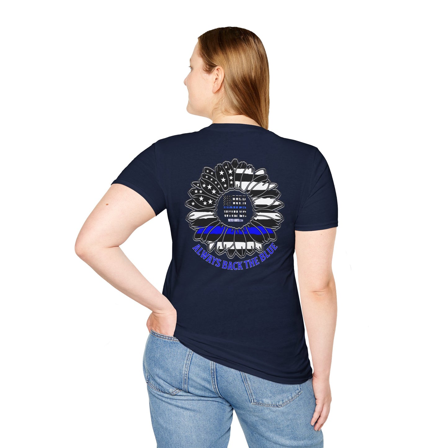 True Americans Never Waver They Always Back The Blue Unisex Softstyle T-Shirt - Never Waver