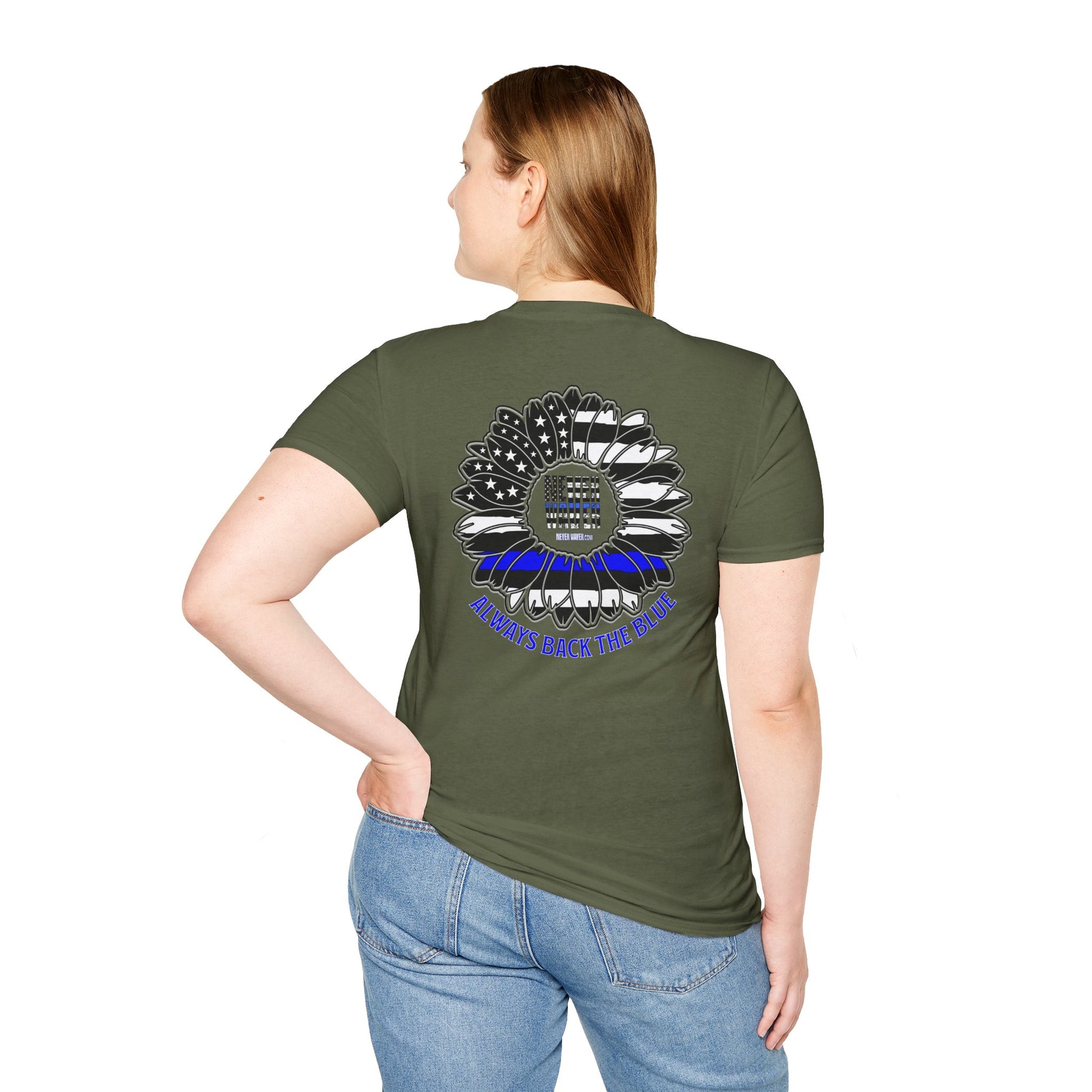 True Americans Never Waver They Always Back The Blue Unisex Softstyle T-Shirt - Never Waver