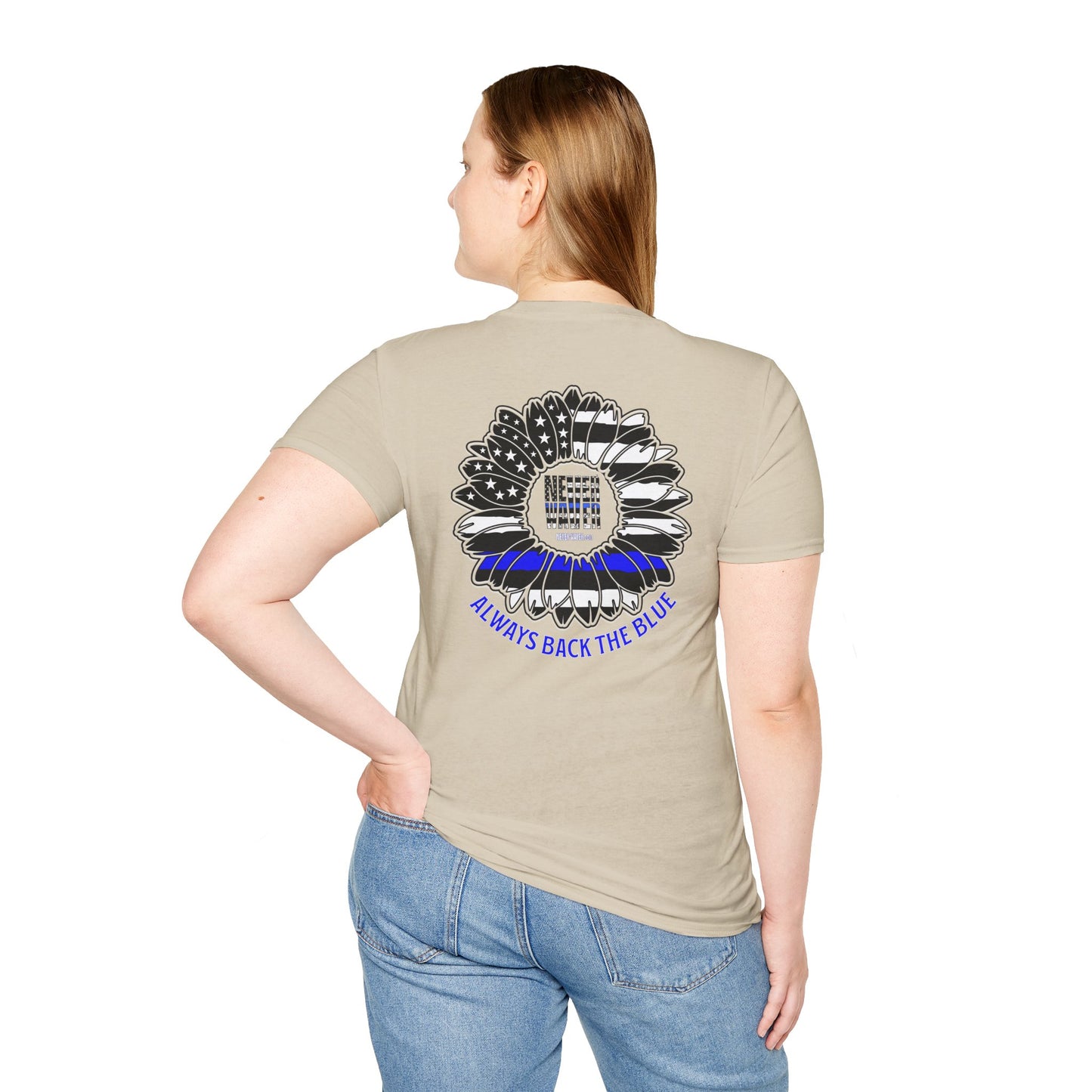 True Americans Never Waver They Always Back The Blue Unisex Softstyle T-Shirt - Never Waver